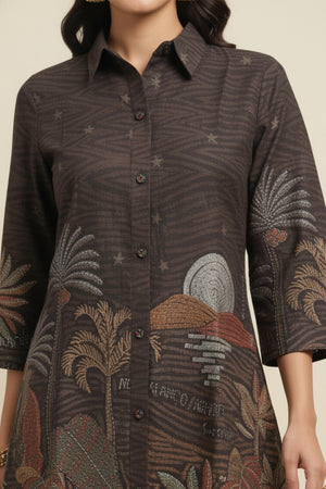 Fashionable Brown Abstract Printed Nylon Viscose Shirt-Pant Ensemble Perfect for Office & Outings