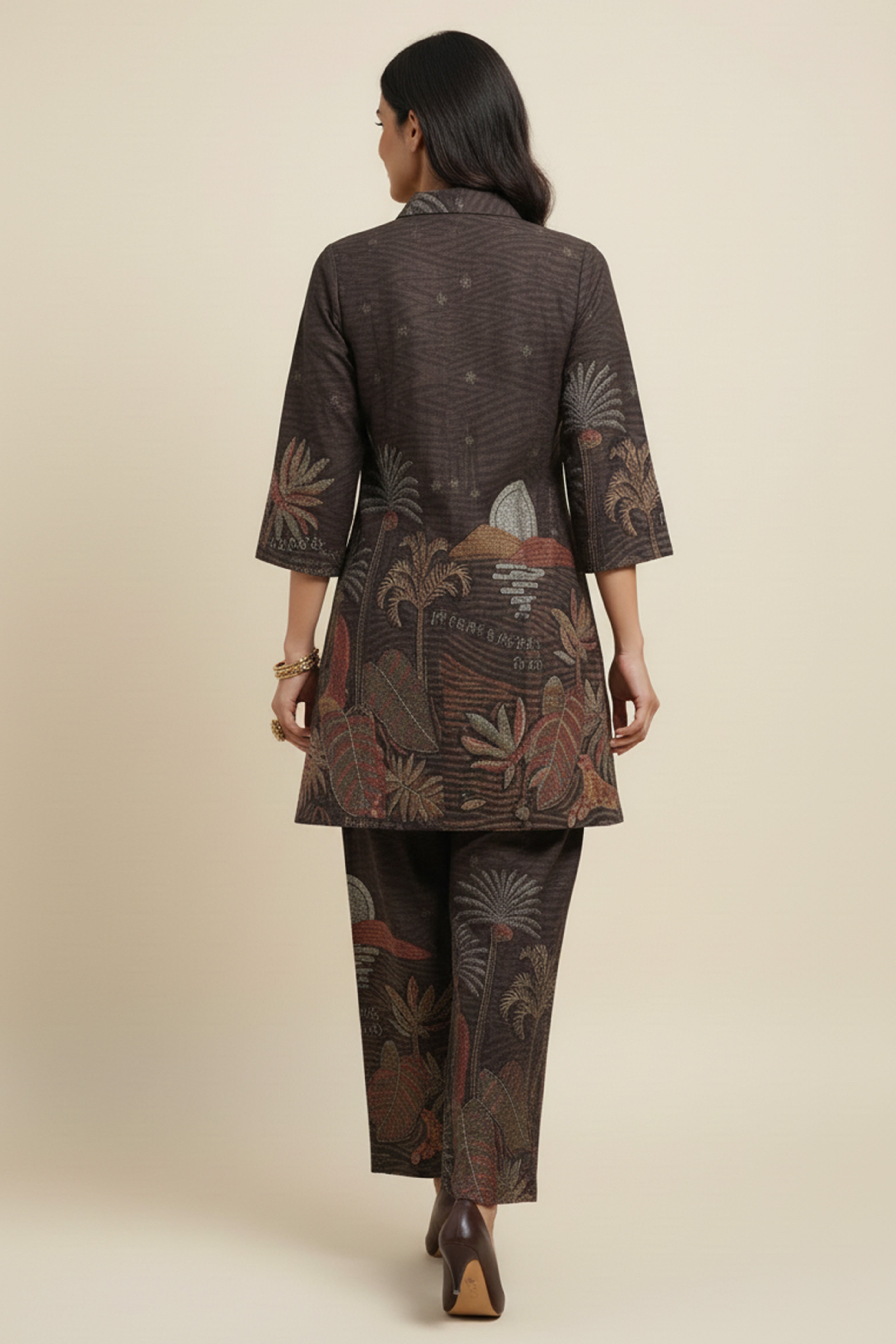 Fashionable Brown Abstract Printed Nylon Viscose Shirt-Pant Ensemble Perfect for Office & Outings