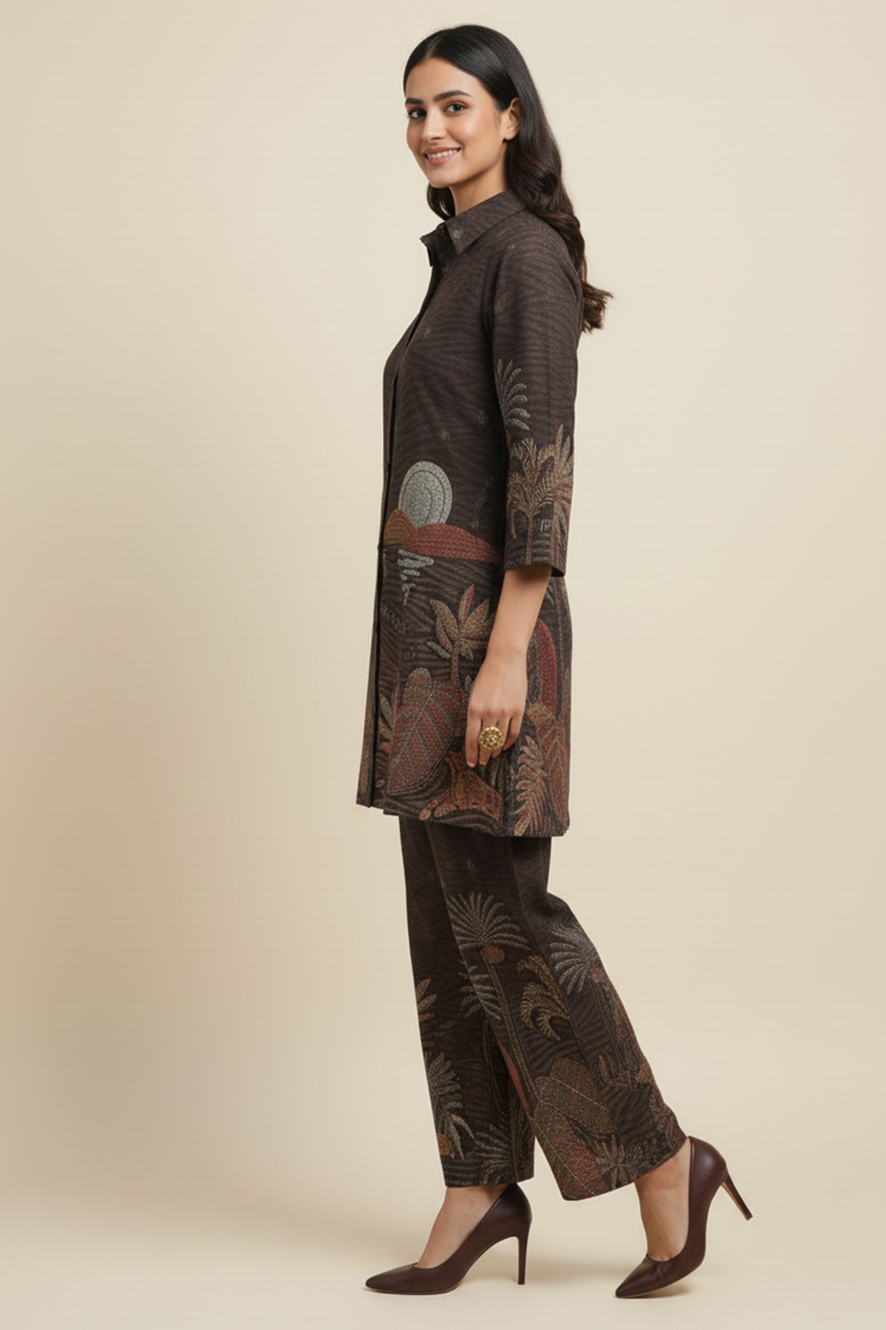 Fashionable Brown Abstract Printed Nylon Viscose Shirt-Pant Ensemble Perfect for Office & Outings