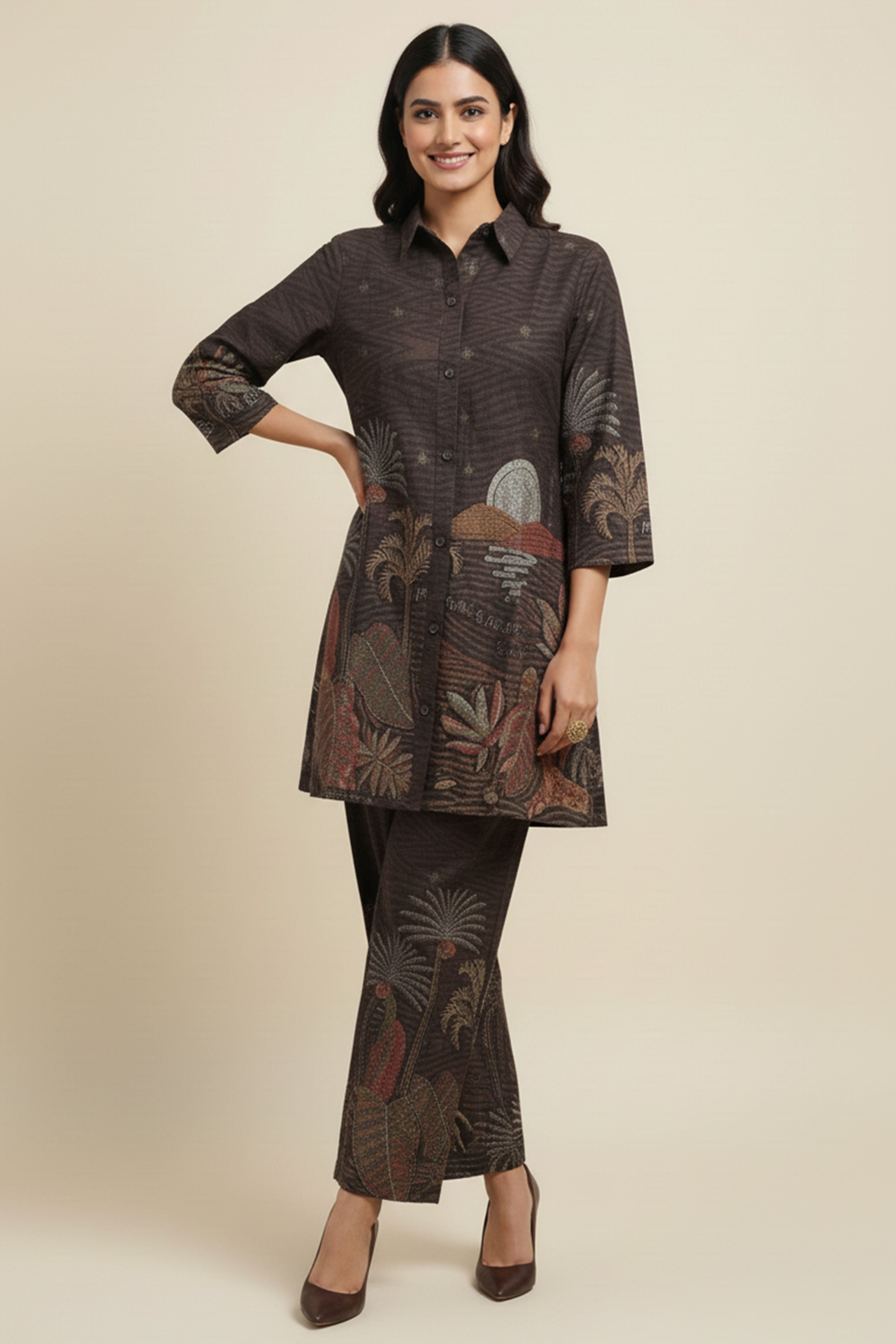 Fashionable Brown Abstract Printed Nylon Viscose Shirt-Pant Ensemble Perfect for Office & Outings