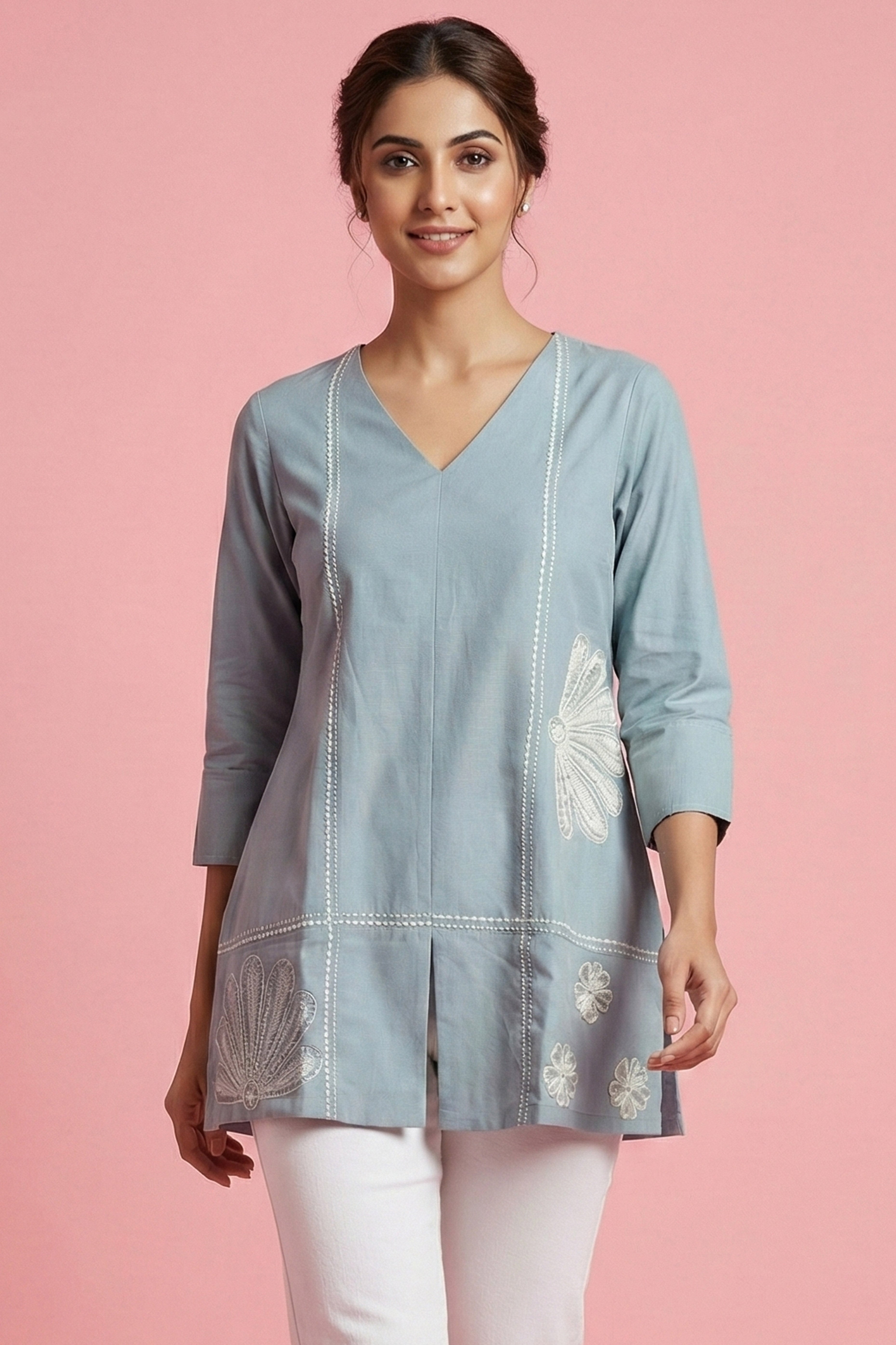 Stylish Grey V-Neck Short Pure Cotton Top Featuring Floral Thread Embroidery & Subtle Sequins Work