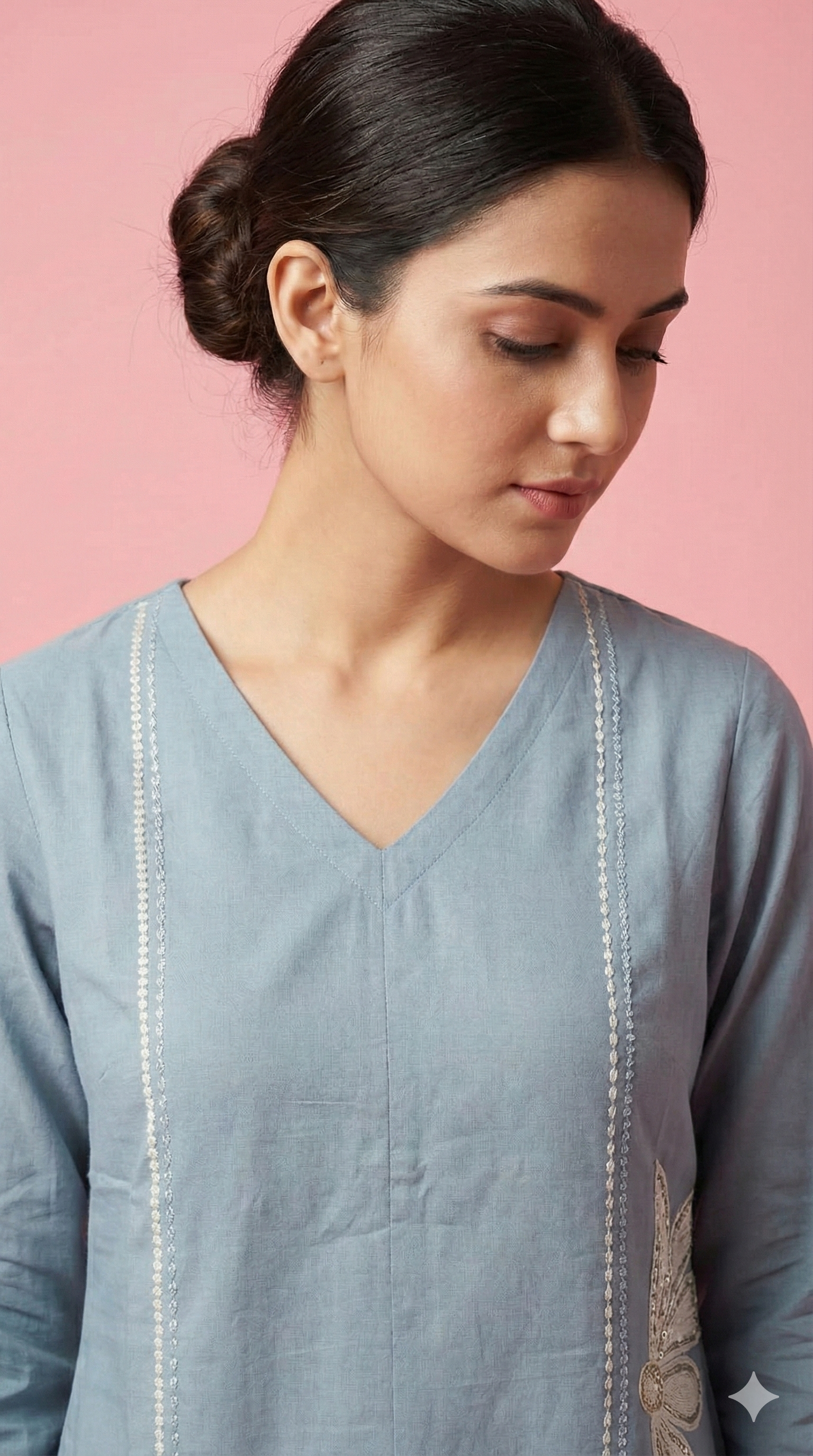 Stylish Grey V-Neck Short Pure Cotton Top Featuring Floral Thread Embroidery & Subtle Sequins Work
