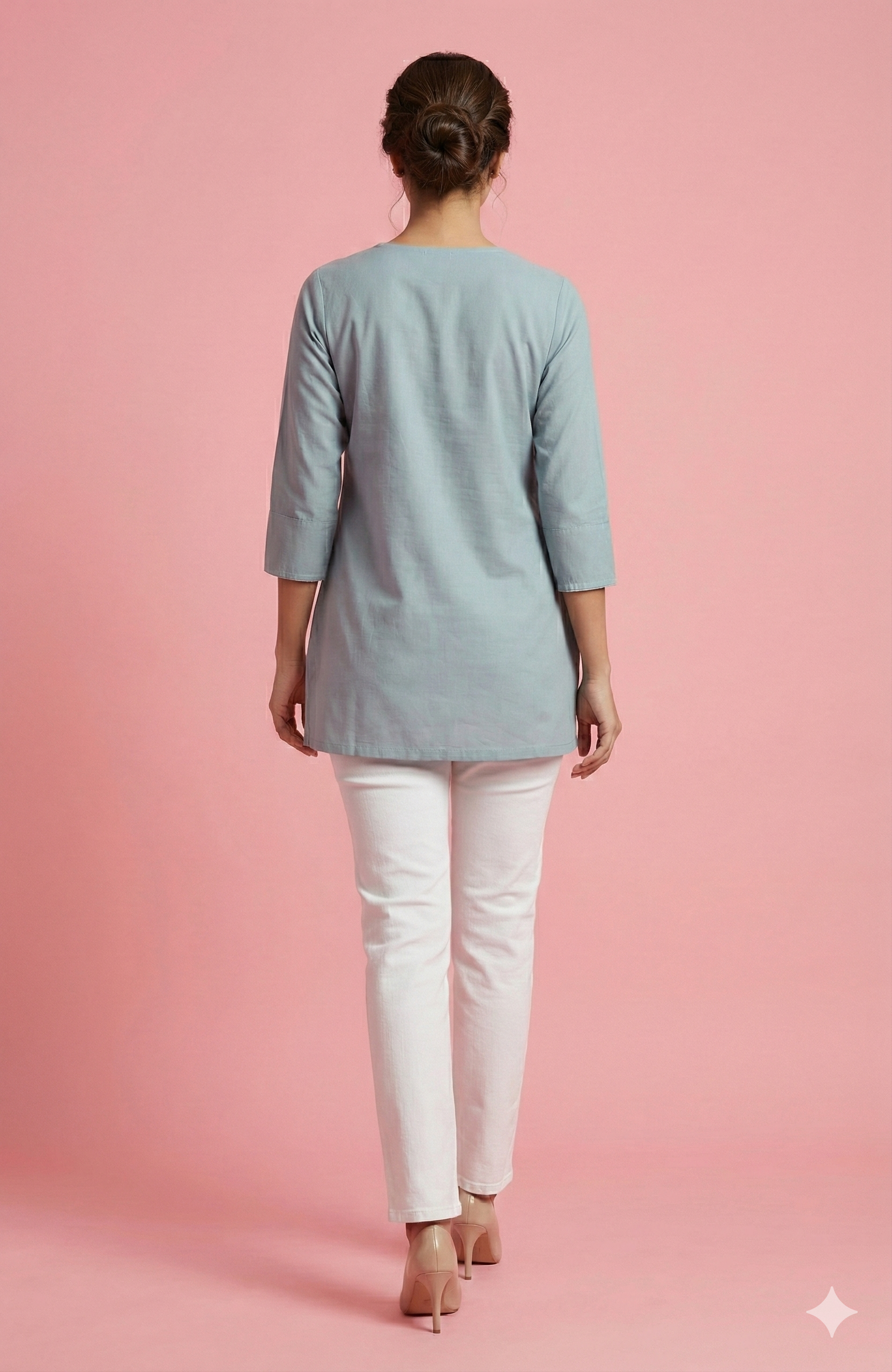 Stylish Grey V-Neck Short Pure Cotton Top Featuring Floral Thread Embroidery & Subtle Sequins Work