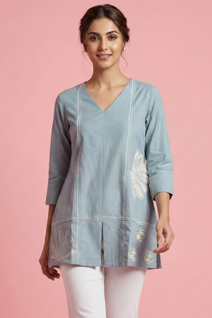 Stylish Grey V-Neck Short Pure Cotton Top Featuring Floral Thread Embroidery & Subtle Sequins Work