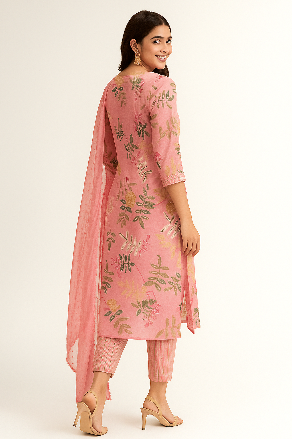 Pink Floral Printed Pure Cotton Straight Salwar Suit with Handwork Neckline