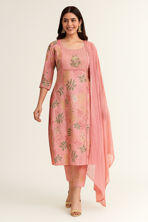 Pink Floral Printed Pure Cotton Straight Salwar Suit with Handwork Neckline