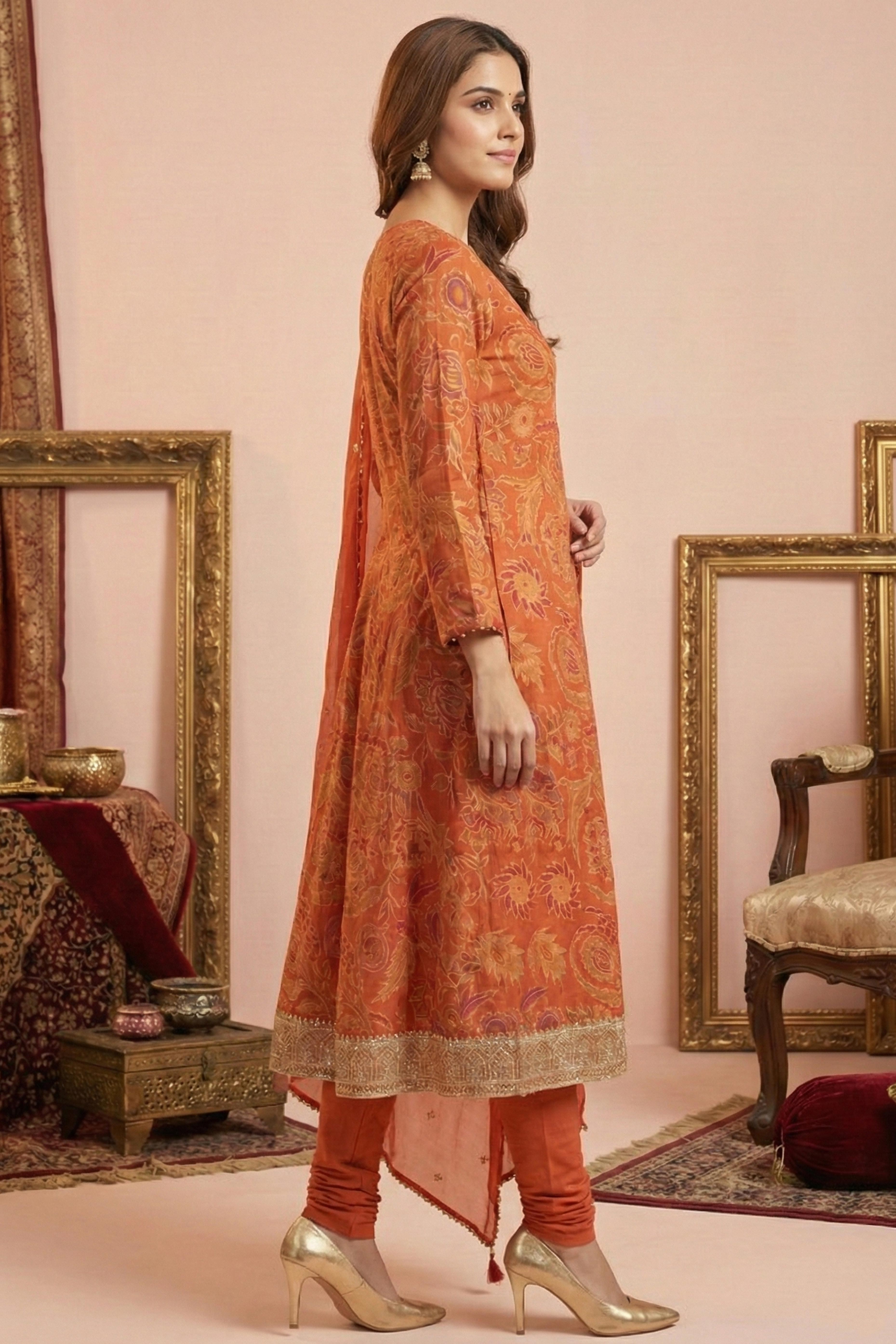 Charming Orange A-Line Angrakha Salwar Suit In Chinon With Delicate Floral Sequins Embroidery