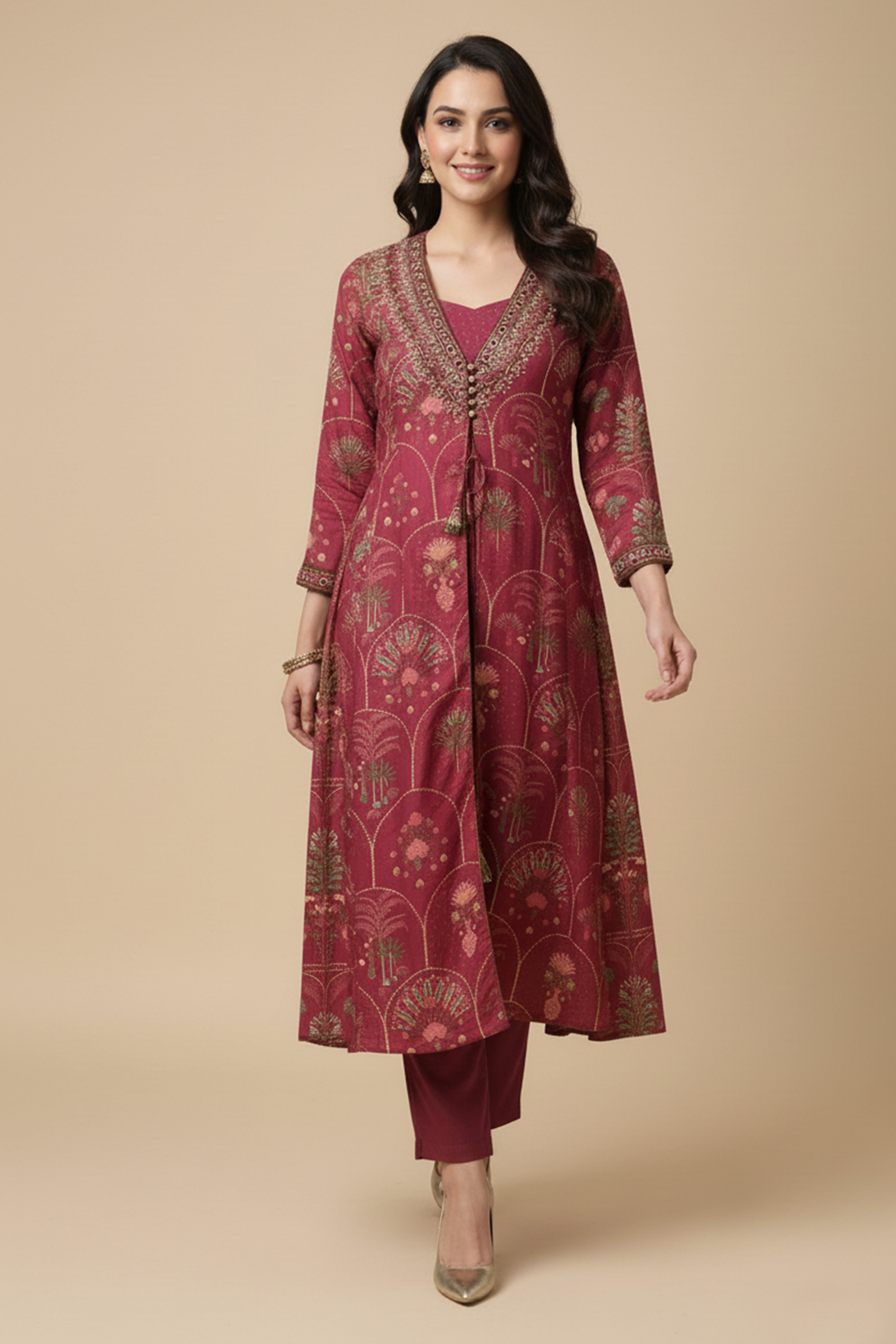 Trendy Maroon Muslin Top Bottom Set with Elegant Printed Jacket Enhanced by Bead Embellishments