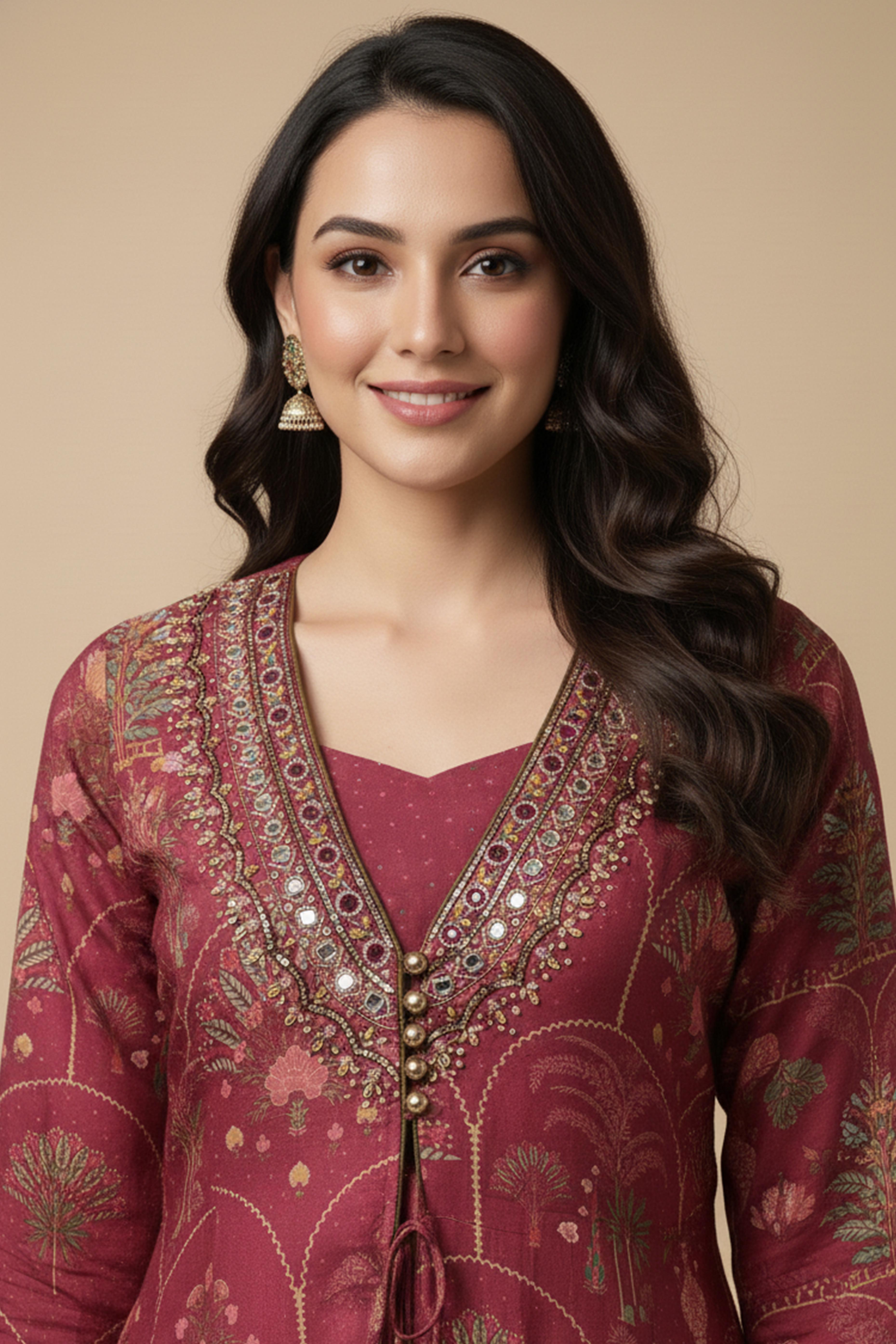 Trendy Maroon Muslin Top Bottom Set with Elegant Printed Jacket Enhanced by Bead Embellishments