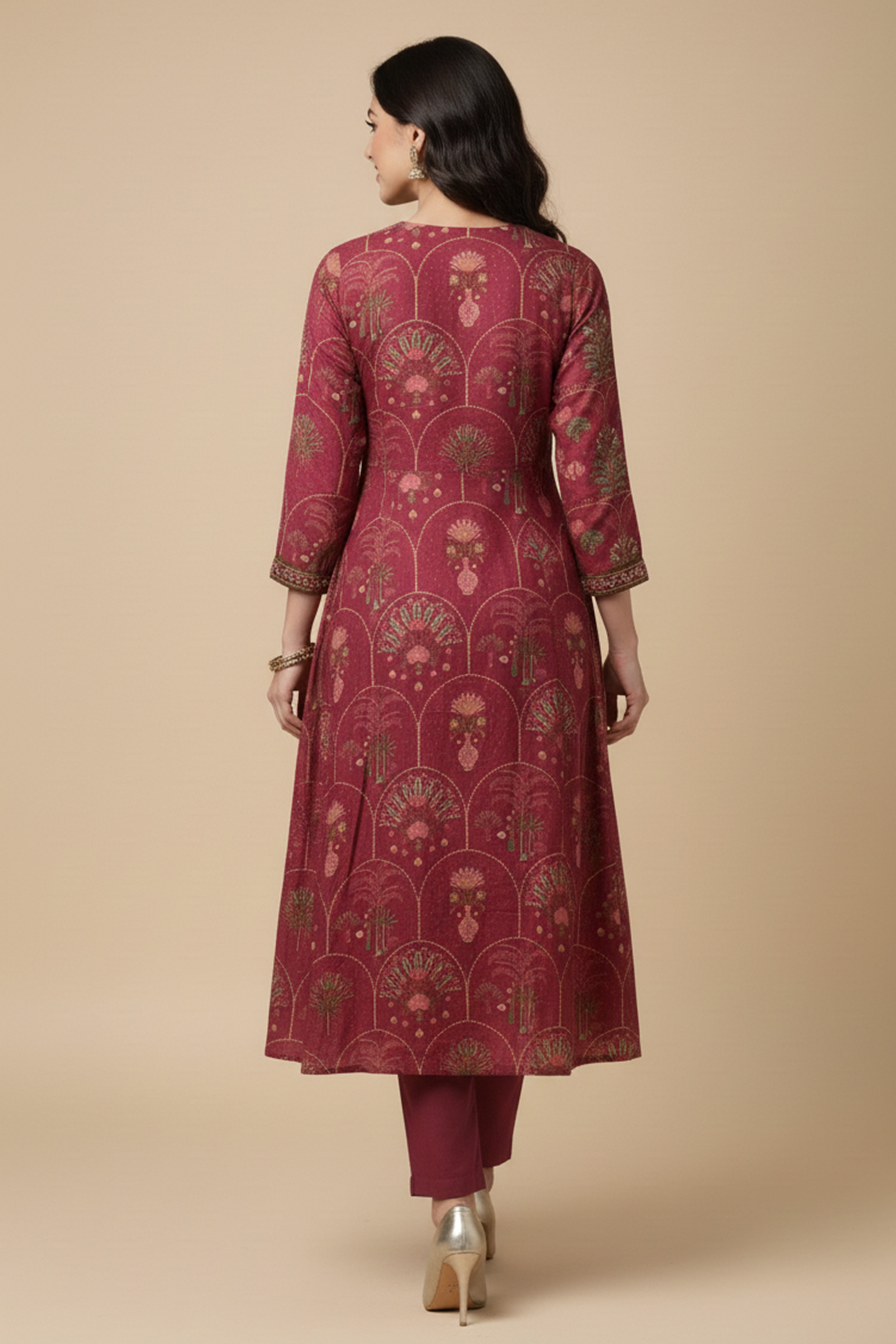 Trendy Maroon Muslin Top Bottom Set with Elegant Printed Jacket Enhanced by Bead Embellishments