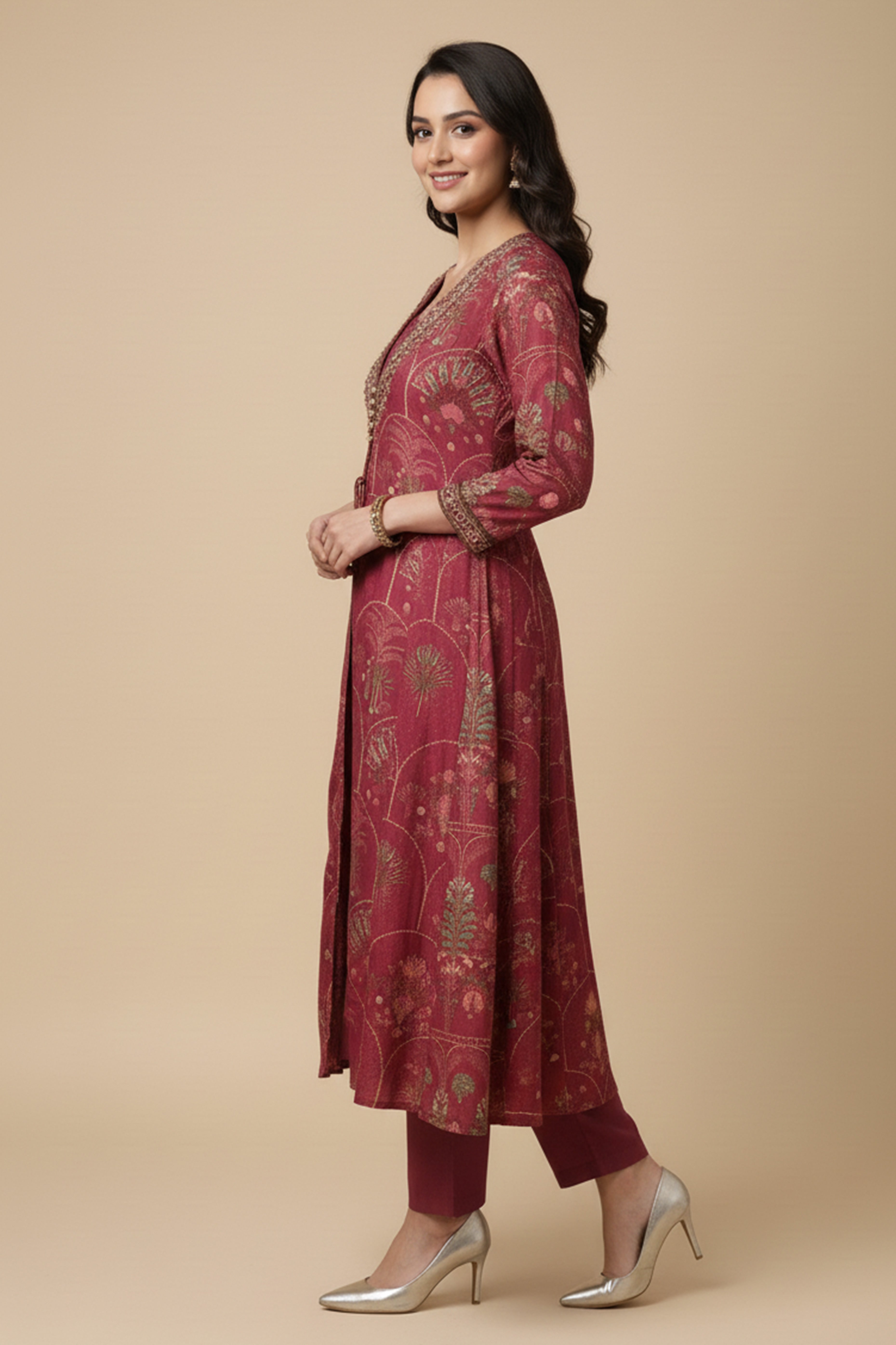 Trendy Maroon Muslin Top Bottom Set with Elegant Printed Jacket Enhanced by Bead Embellishments