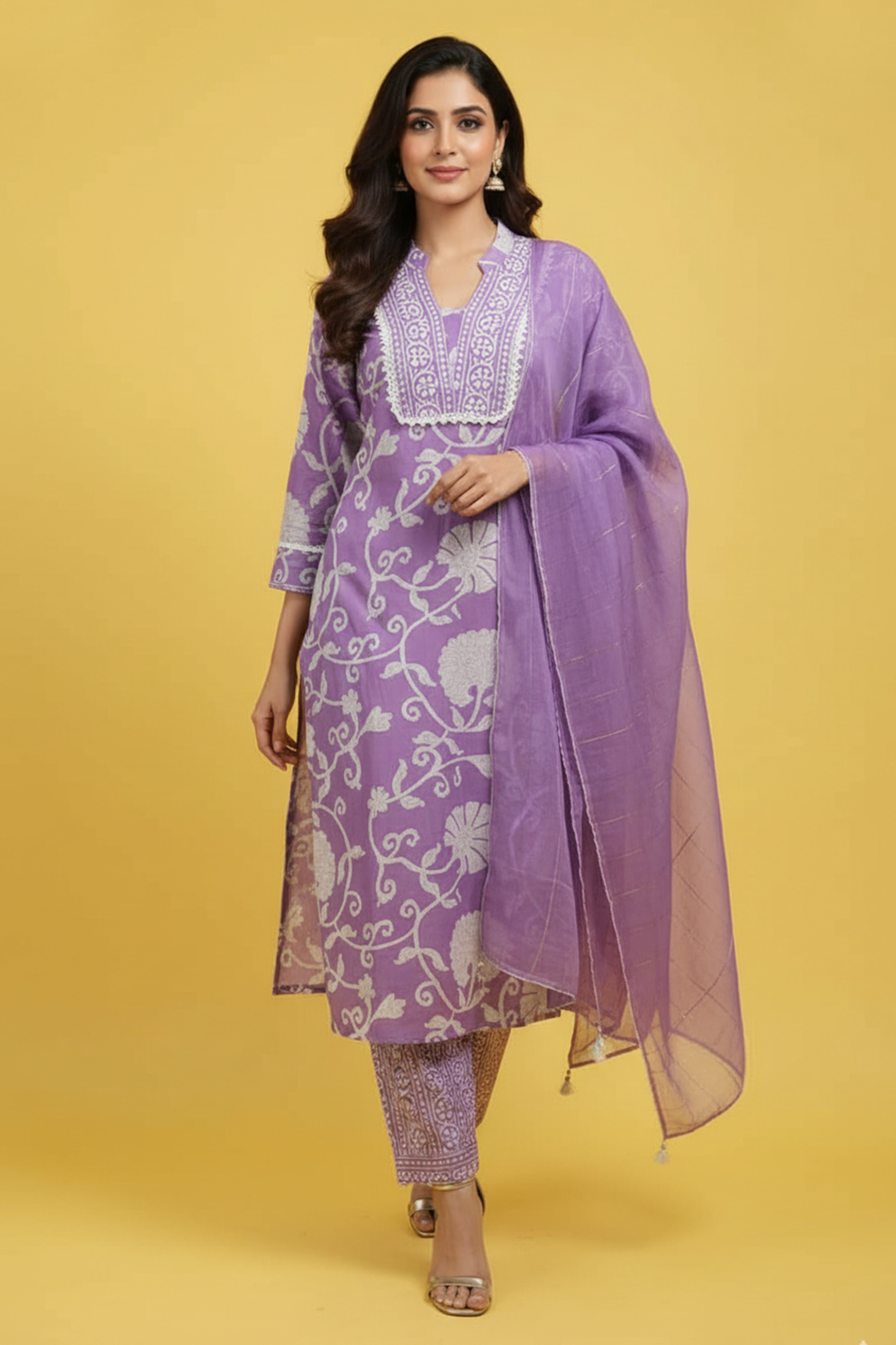 Lavender Pure Cotton Straight Salwar Suit with Floral Print