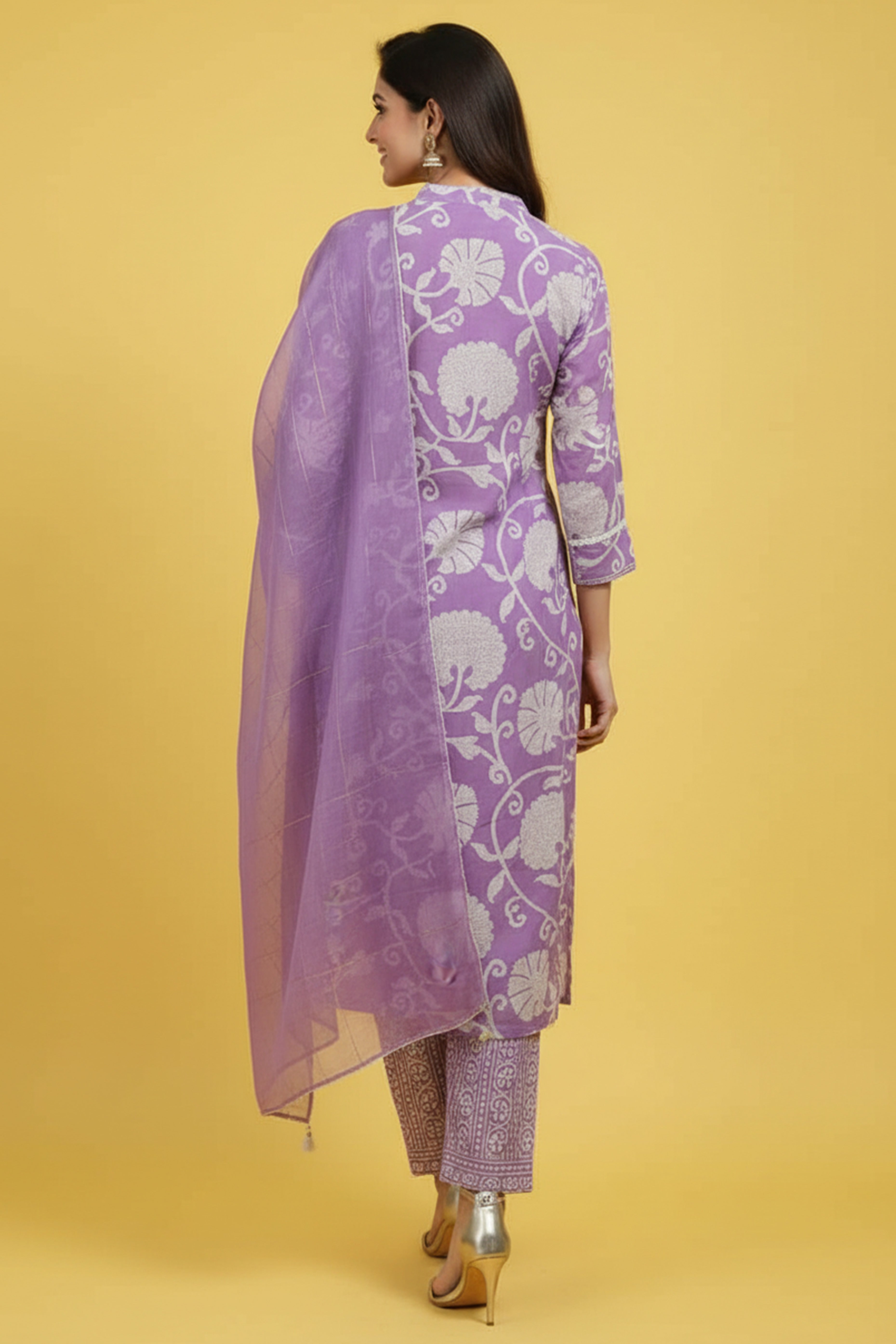 Lavender Pure Cotton Straight Salwar Suit with Floral Print