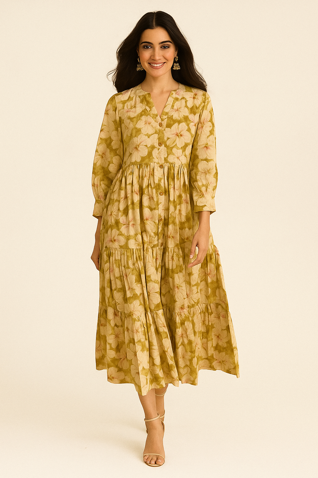 Green Floral Printed Viscose Blend Maxi Partywear Dress with Flowing Silhouette