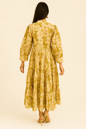 Green Floral Printed Viscose Blend Maxi Partywear Dress with Flowing Silhouette