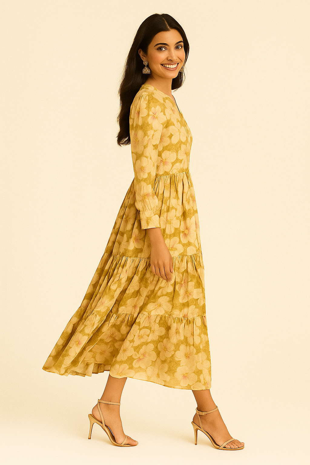 Green Floral Printed Viscose Blend Maxi Partywear Dress with Flowing Silhouette