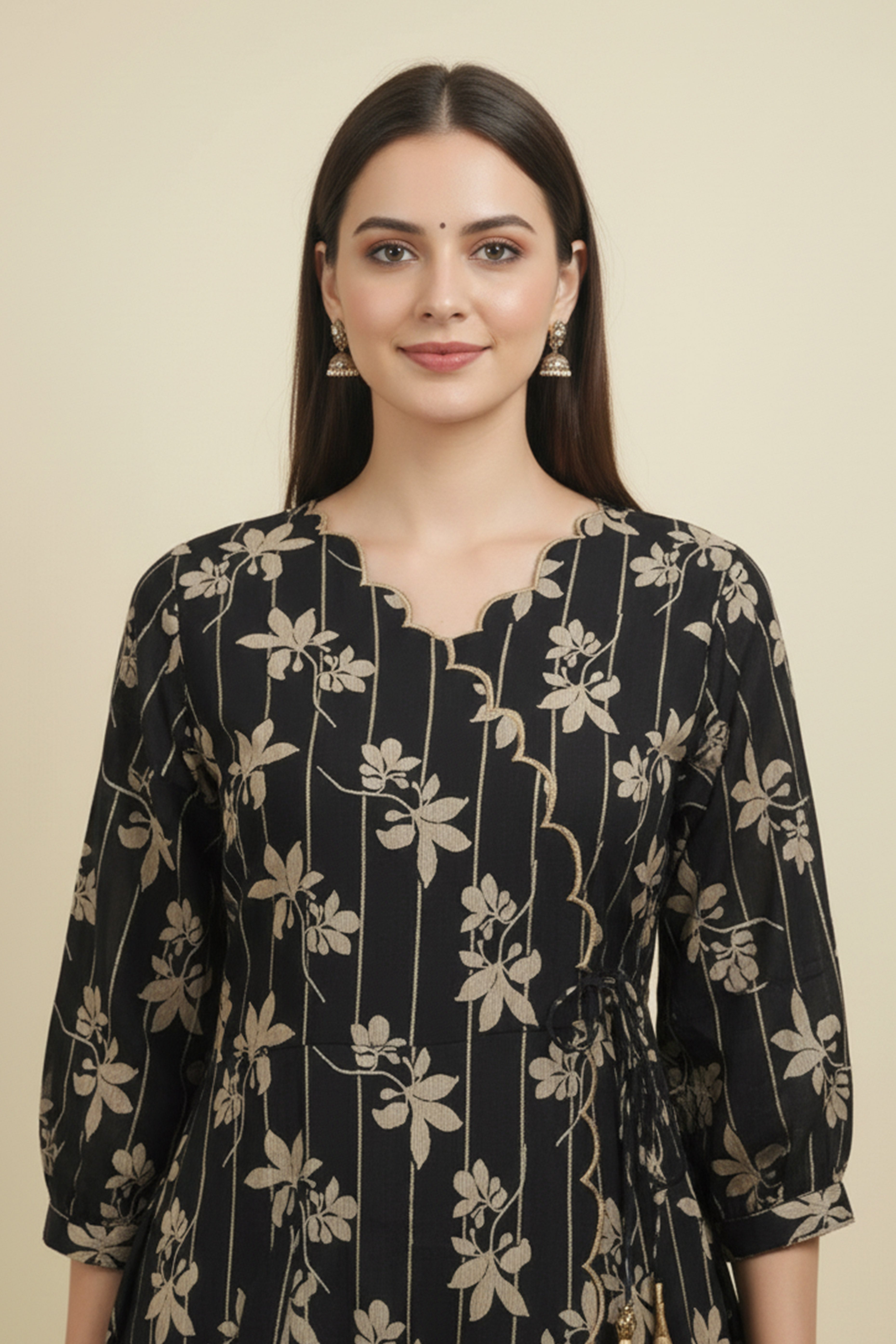Modern Black A-Line Kurti in Viscose Fabric Accented with Floral Prints