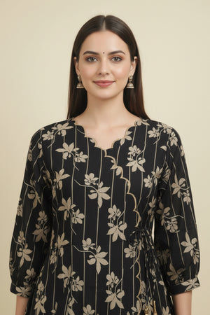 Modern Black A-Line Kurti in Viscose Fabric Accented with Floral Prints