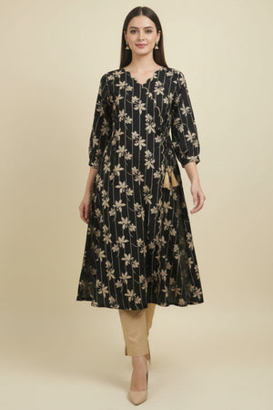 Modern Black A-Line Kurti in Viscose Fabric Accented with Floral Prints