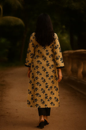 Cream Floral Printed Slub Viscose Blend Straight Kurti for Casual Wear