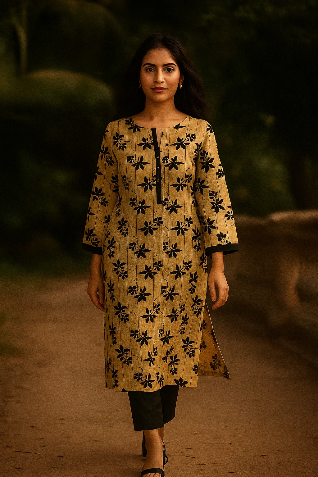 Cream Floral Printed Slub Viscose Blend Straight Kurti for Casual Wear