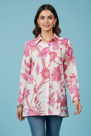 Professional Pink Muslin Shirt Top with Subtle Floral Prints for Everyday Office