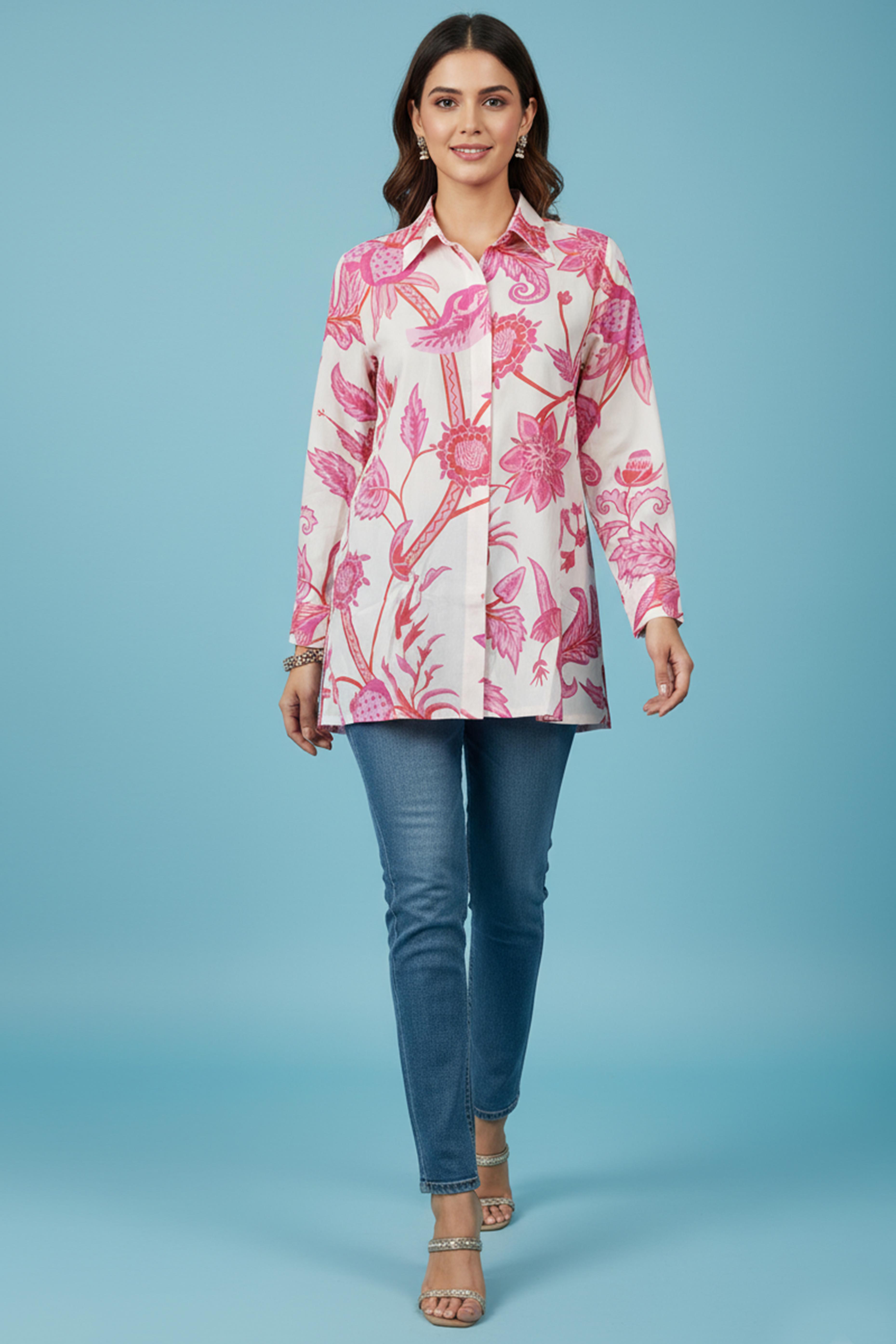 Professional Pink Muslin Shirt Top with Subtle Floral Prints for Everyday Office