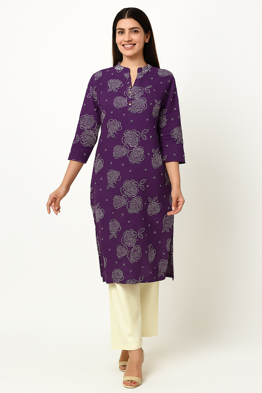 Purple Casualwear Straight Kurti with Floral Prints in Pure Cotton