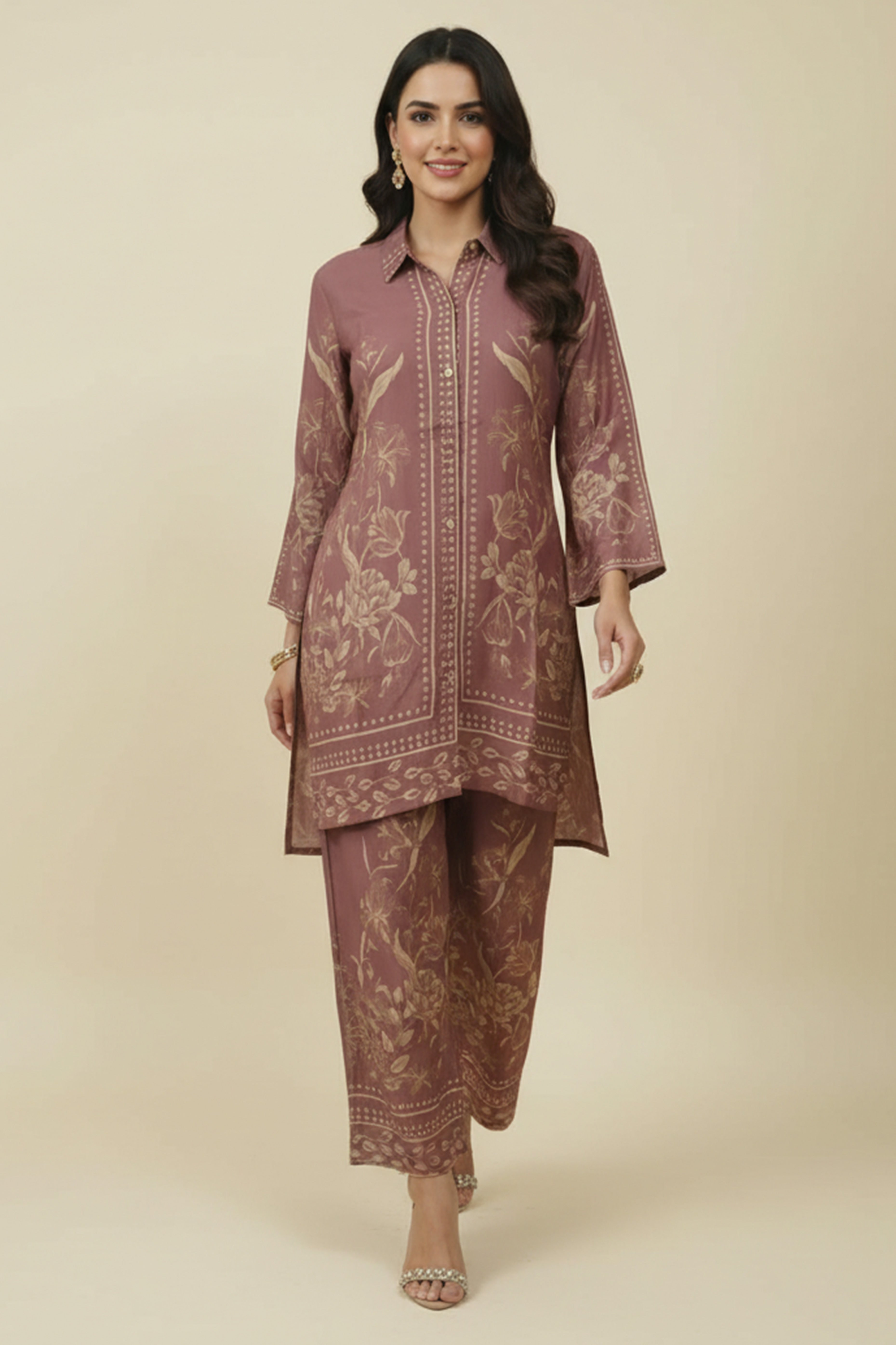 Brown Muslin Co-ord Set Featuring Floral Prints with Shirt Style Top and Matching Bottoms