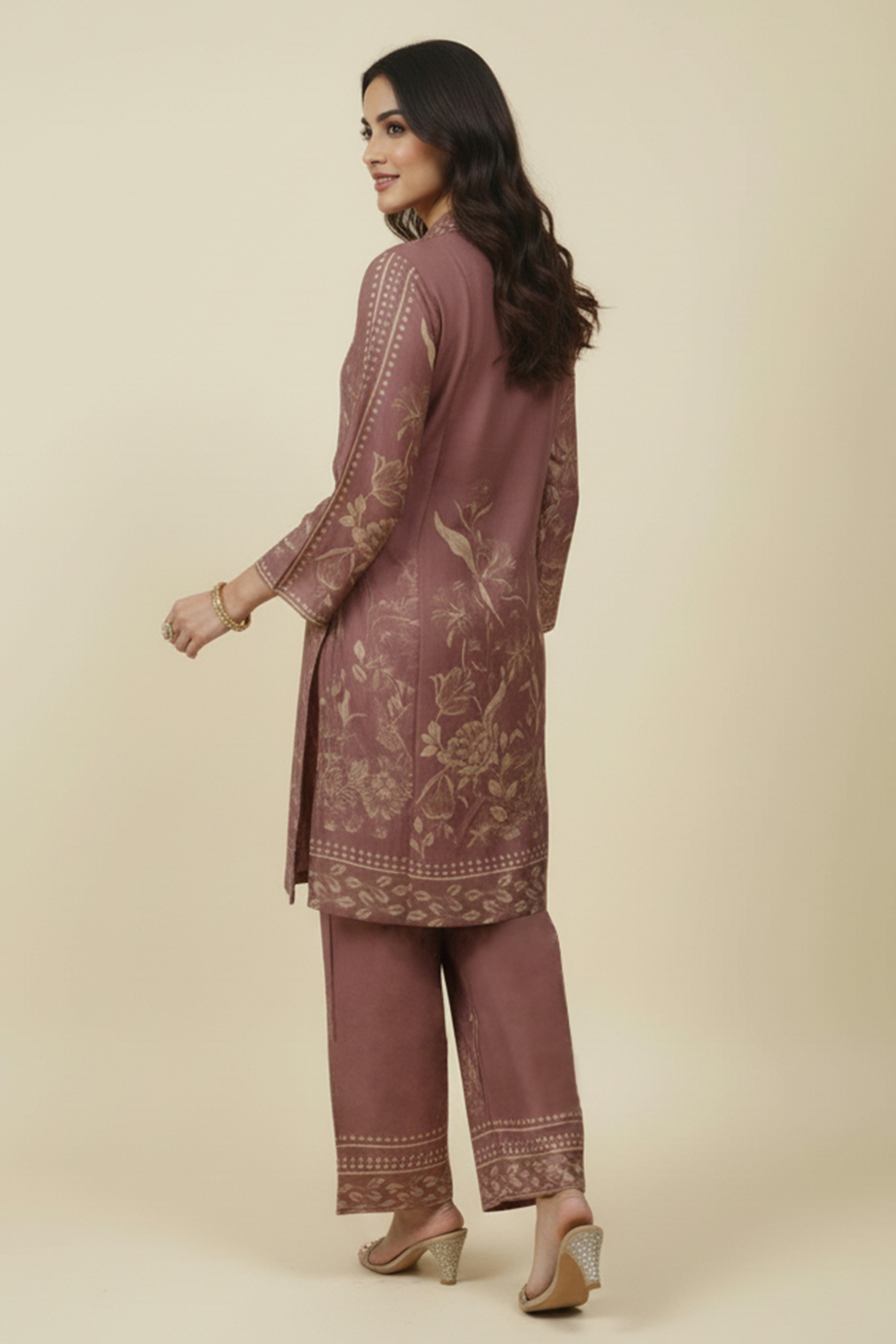 Brown Muslin Co-ord Set Featuring Floral Prints with Shirt Style Top and Matching Bottoms