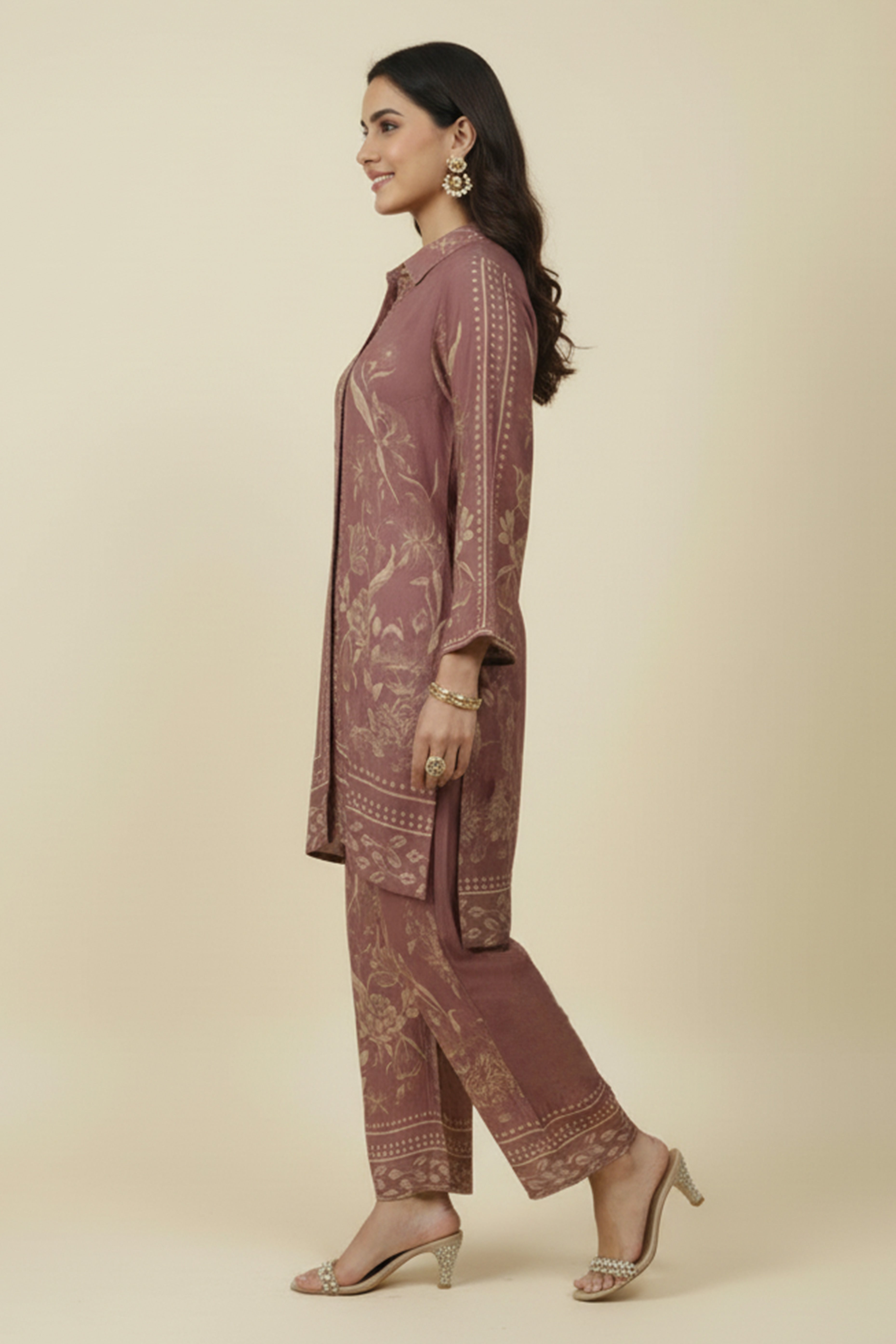 Brown Muslin Co-ord Set Featuring Floral Prints with Shirt Style Top and Matching Bottoms