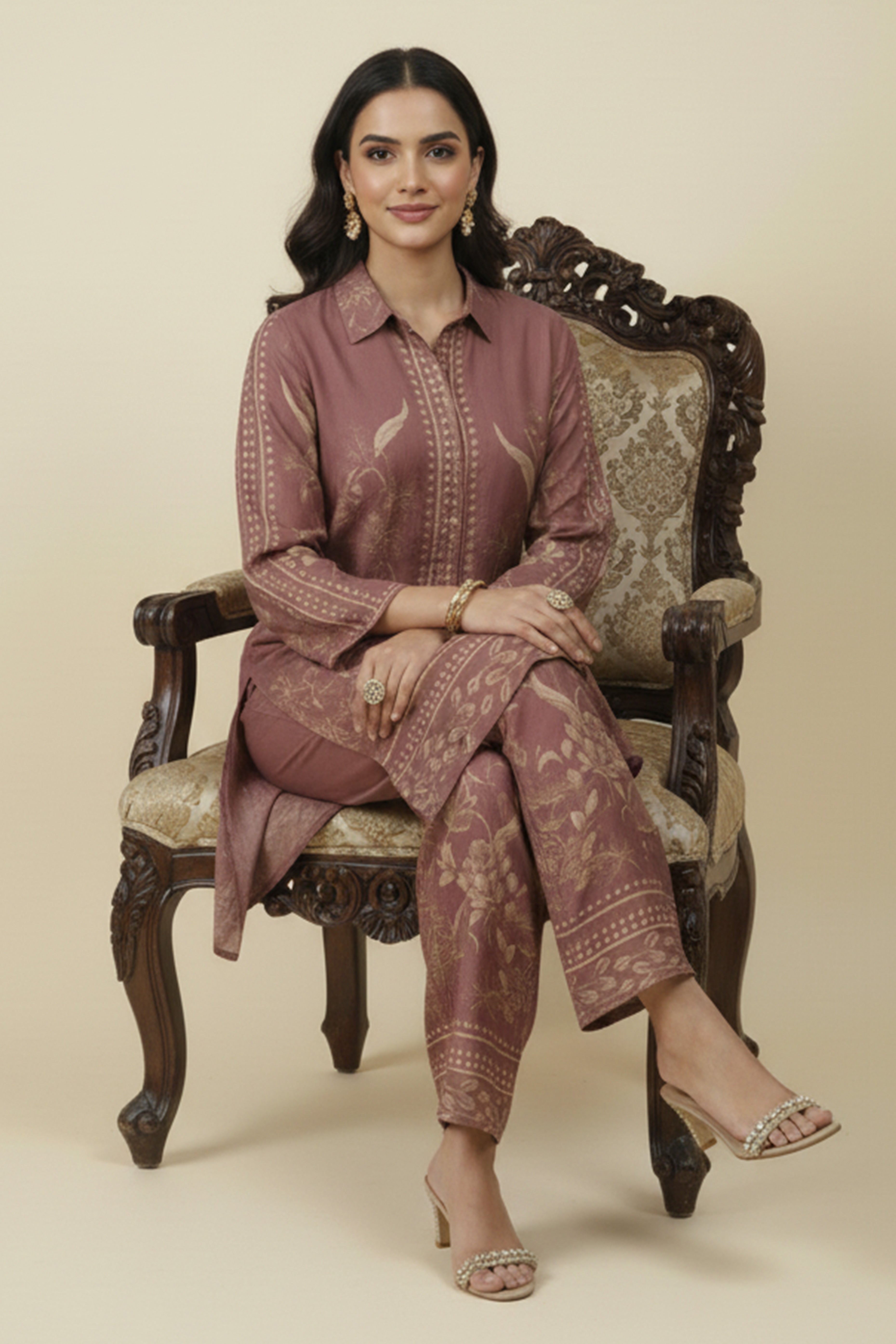 Brown Muslin Co-ord Set Featuring Floral Prints with Shirt Style Top and Matching Bottoms