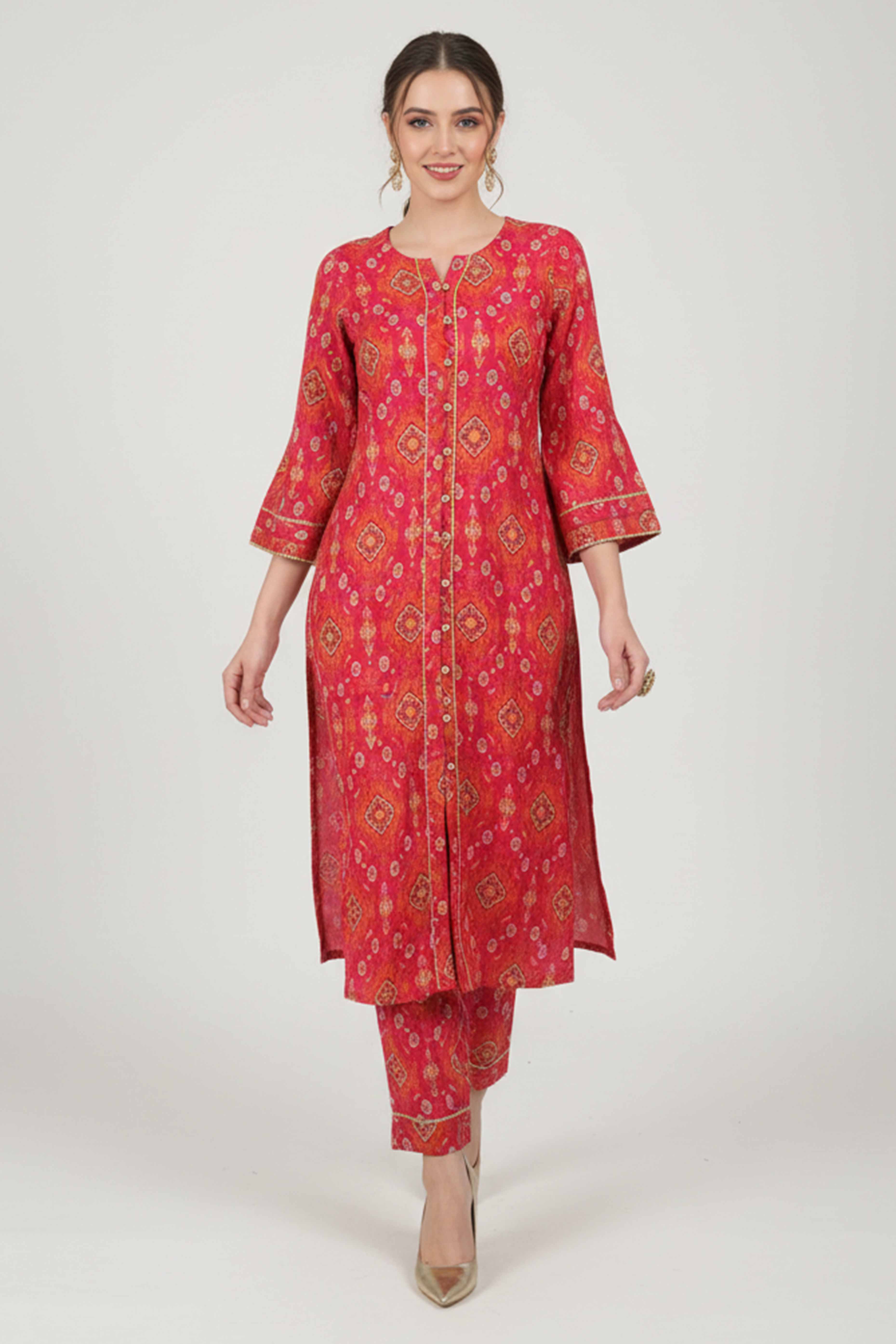 Rani Pink Ikat-Inspired Printed Cotton Blend A Line Co-Ord Set With Front Button Detailing