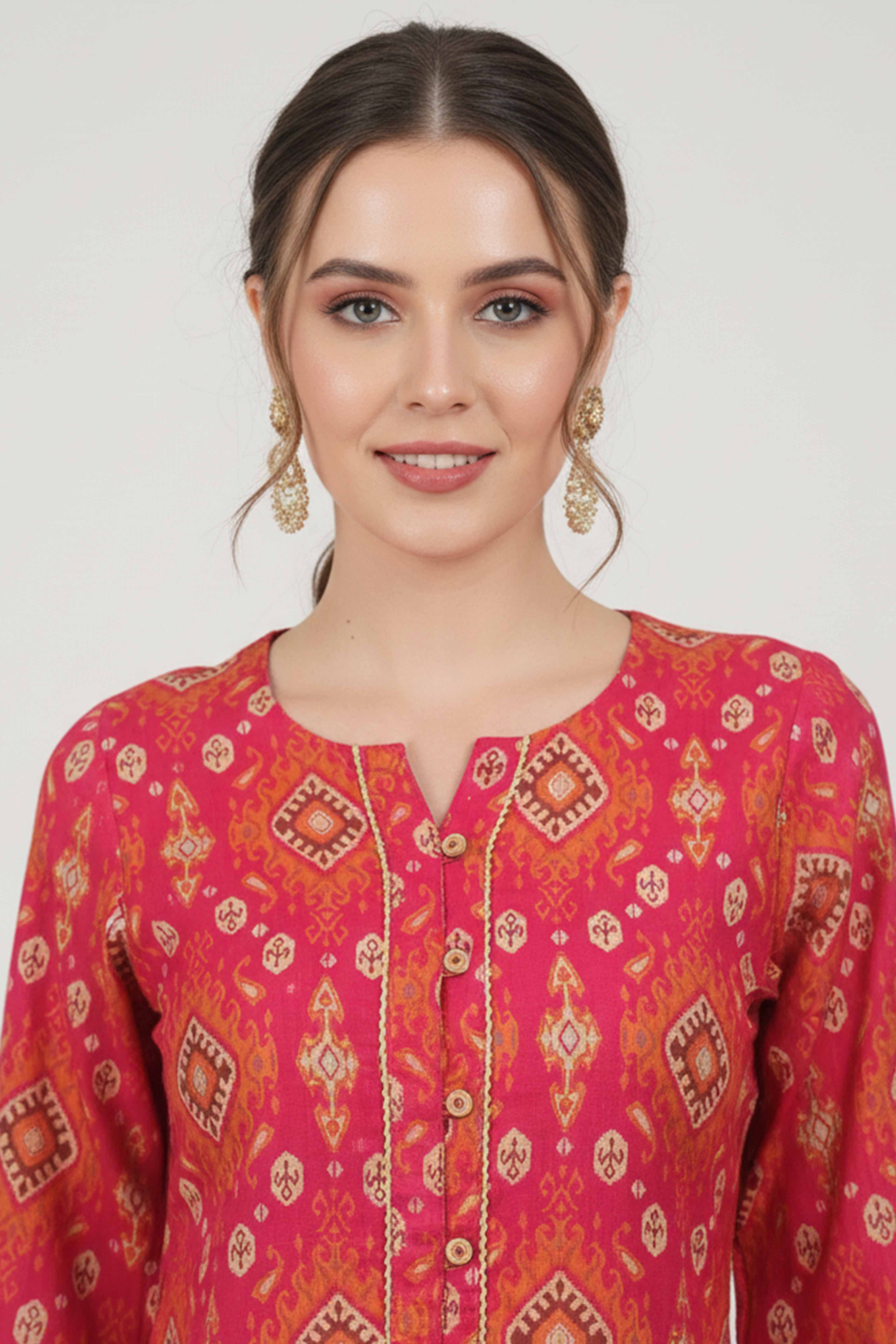 Rani Pink Ikat-Inspired Printed Cotton Blend A Line Co-Ord Set With Front Button Detailing