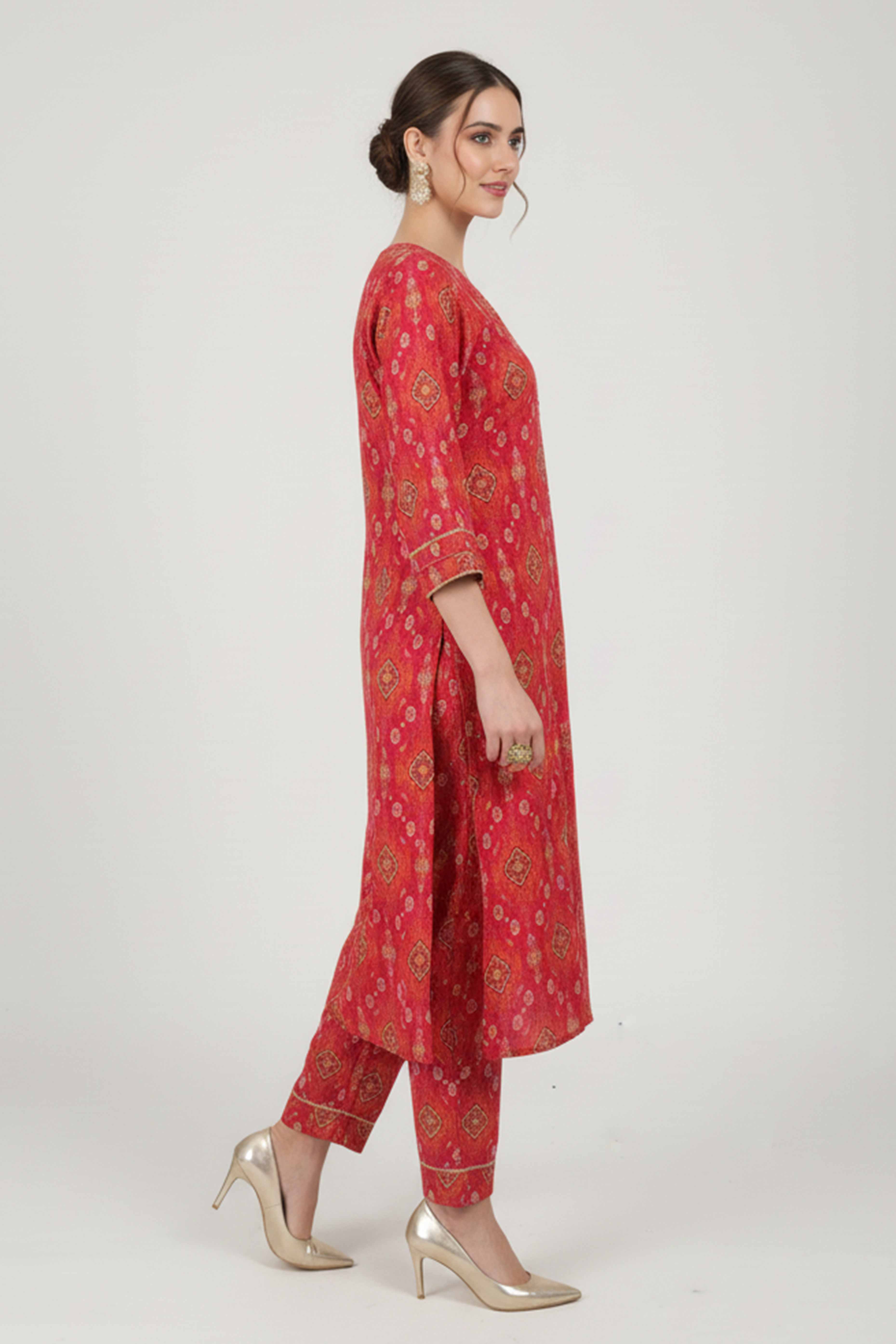 Rani Pink Ikat-Inspired Printed Cotton Blend A Line Co-Ord Set With Front Button Detailing