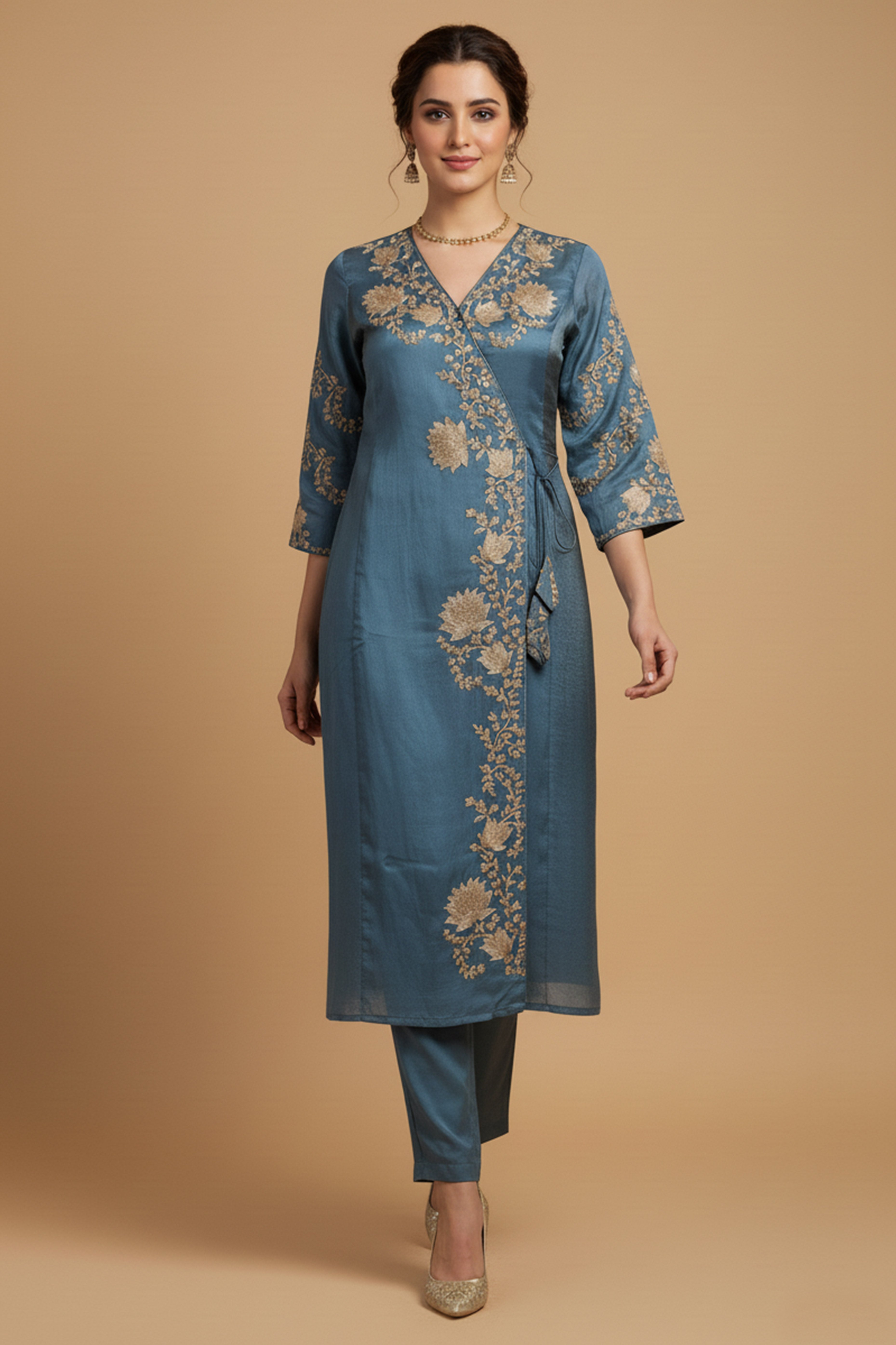 Turquoise Festive Viscose Blend Angrakha Set with Rich Thread Embroidery on Top and Bottom Pants