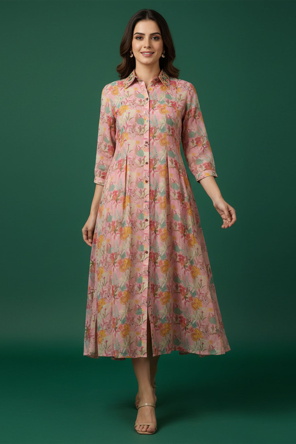 Light Pink Muslin A-Line Dress in Floral Print