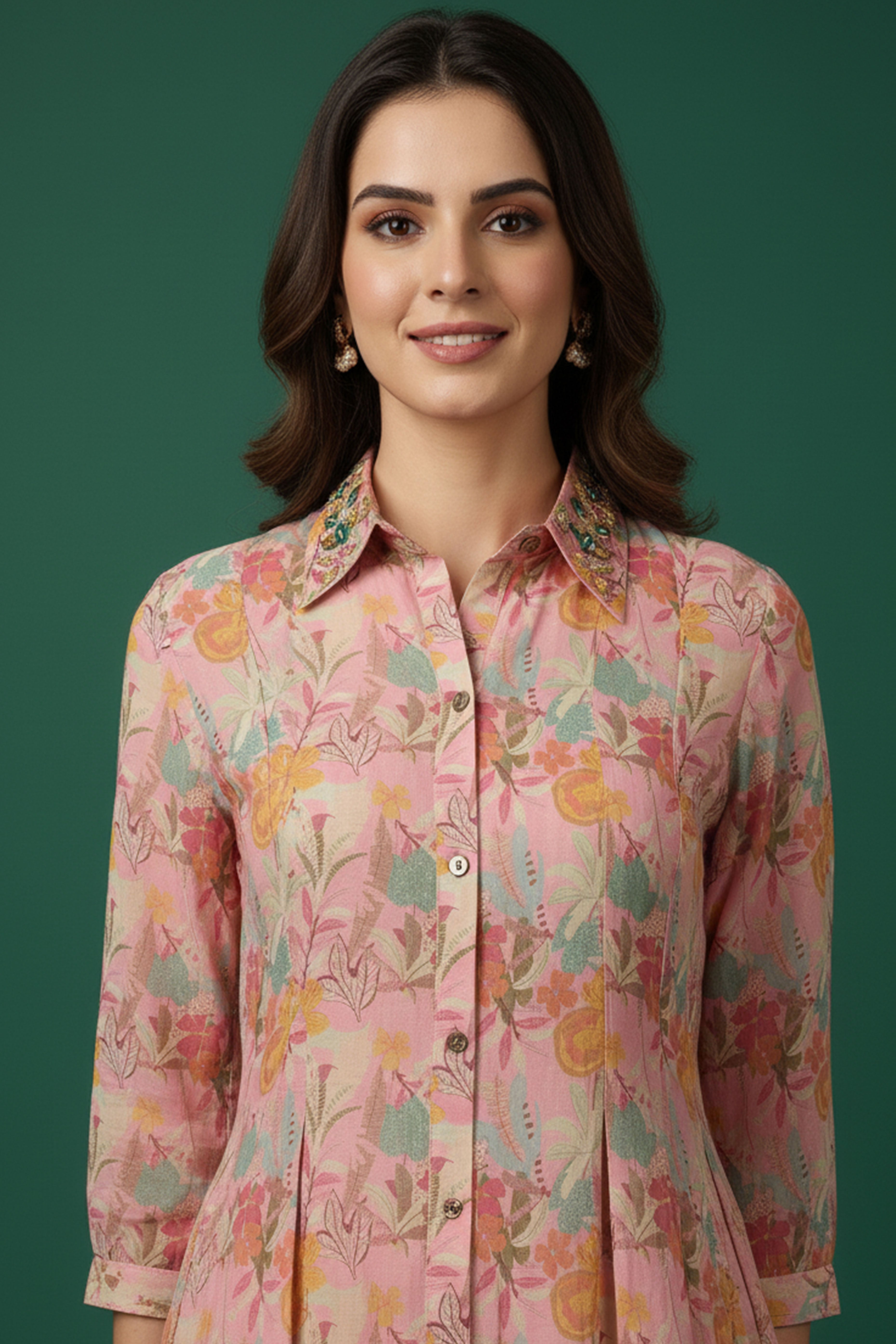 Light Pink Muslin A-Line Dress in Floral Print