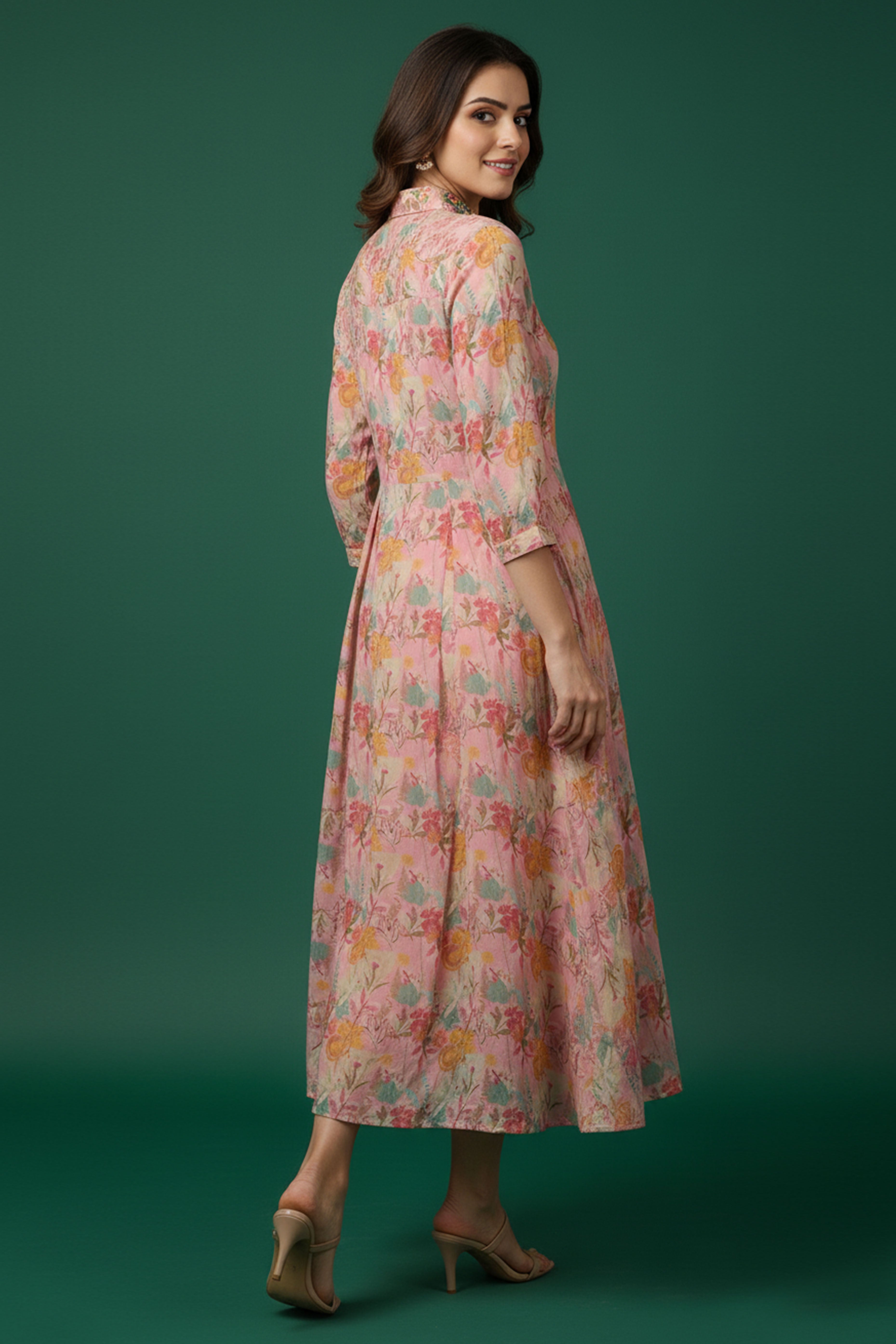 Light Pink Muslin A-Line Dress in Floral Print