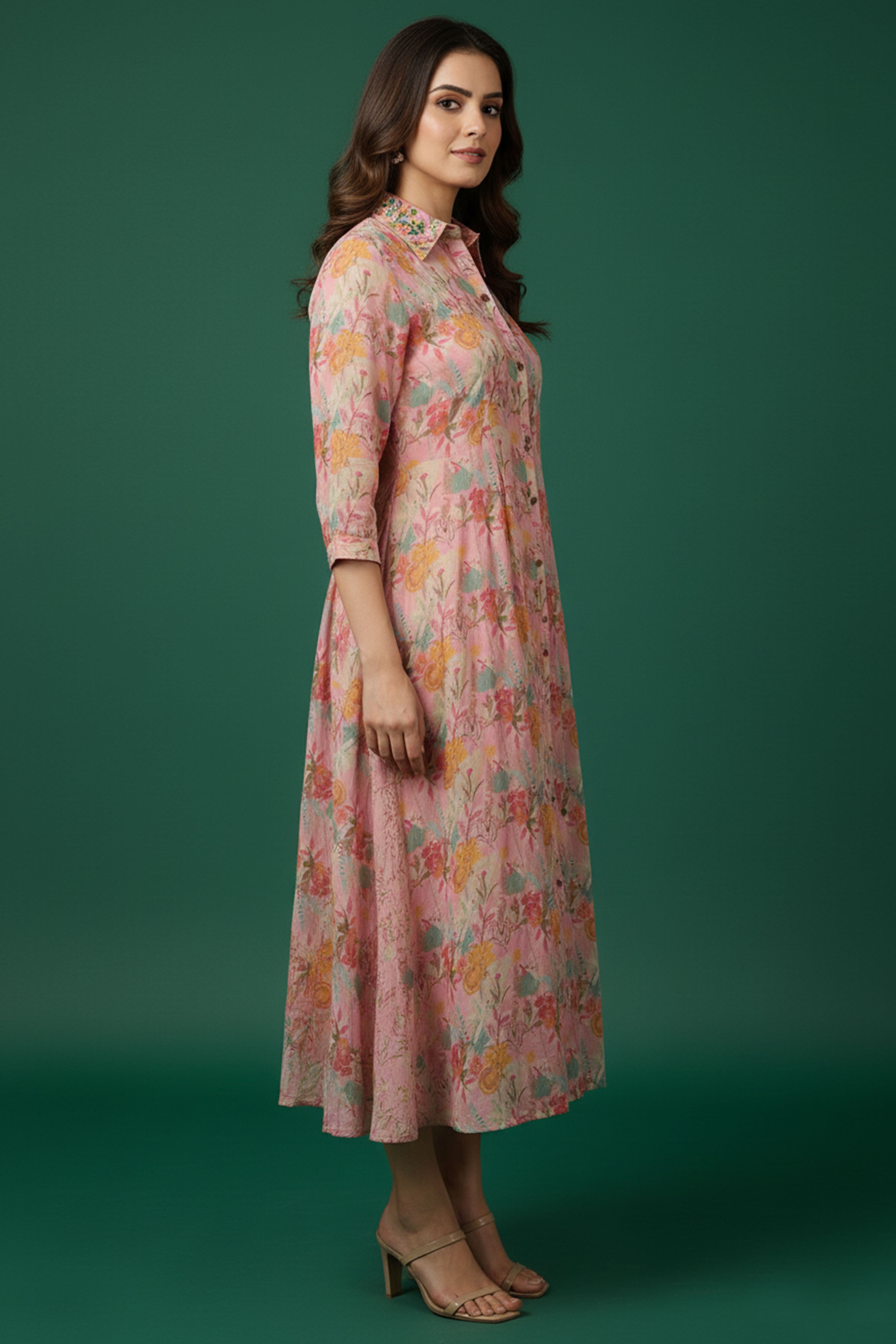 Light Pink Muslin A-Line Dress in Floral Print