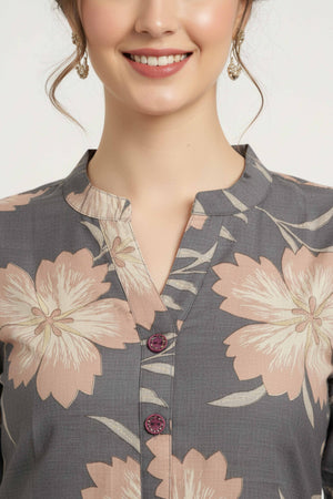 Chic Light Grey Straight Cut Kurti In Linen Vatican With Floral Print Detailing