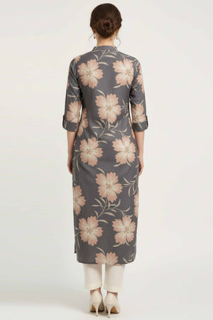 Chic Light Grey Straight Cut Kurti In Linen Vatican With Floral Print Detailing