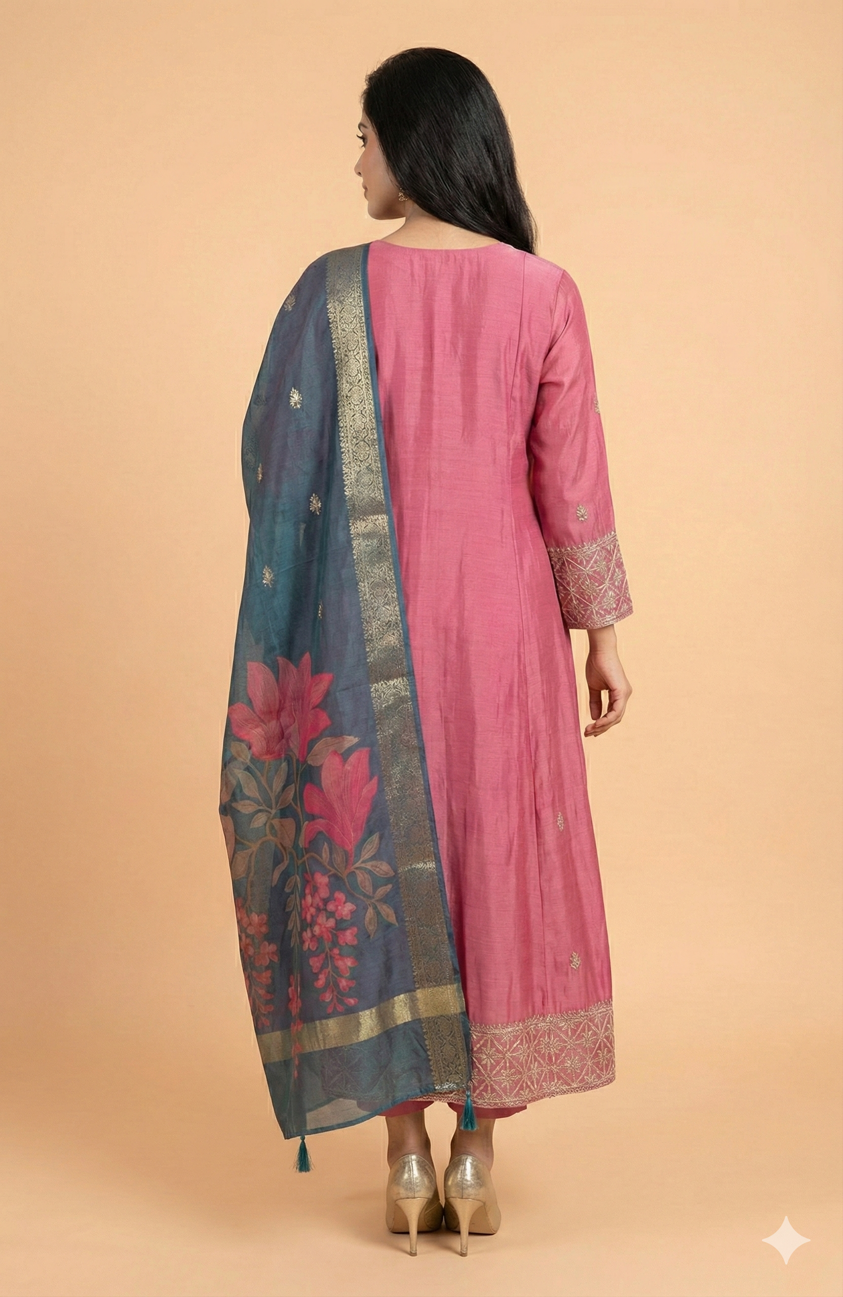 Pink Poly Chinon Anarkali Suit Featuring Delicate Floral Thread Work