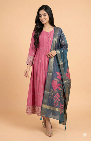 Pink Poly Chinon Anarkali Suit Featuring Delicate Floral Thread Work
