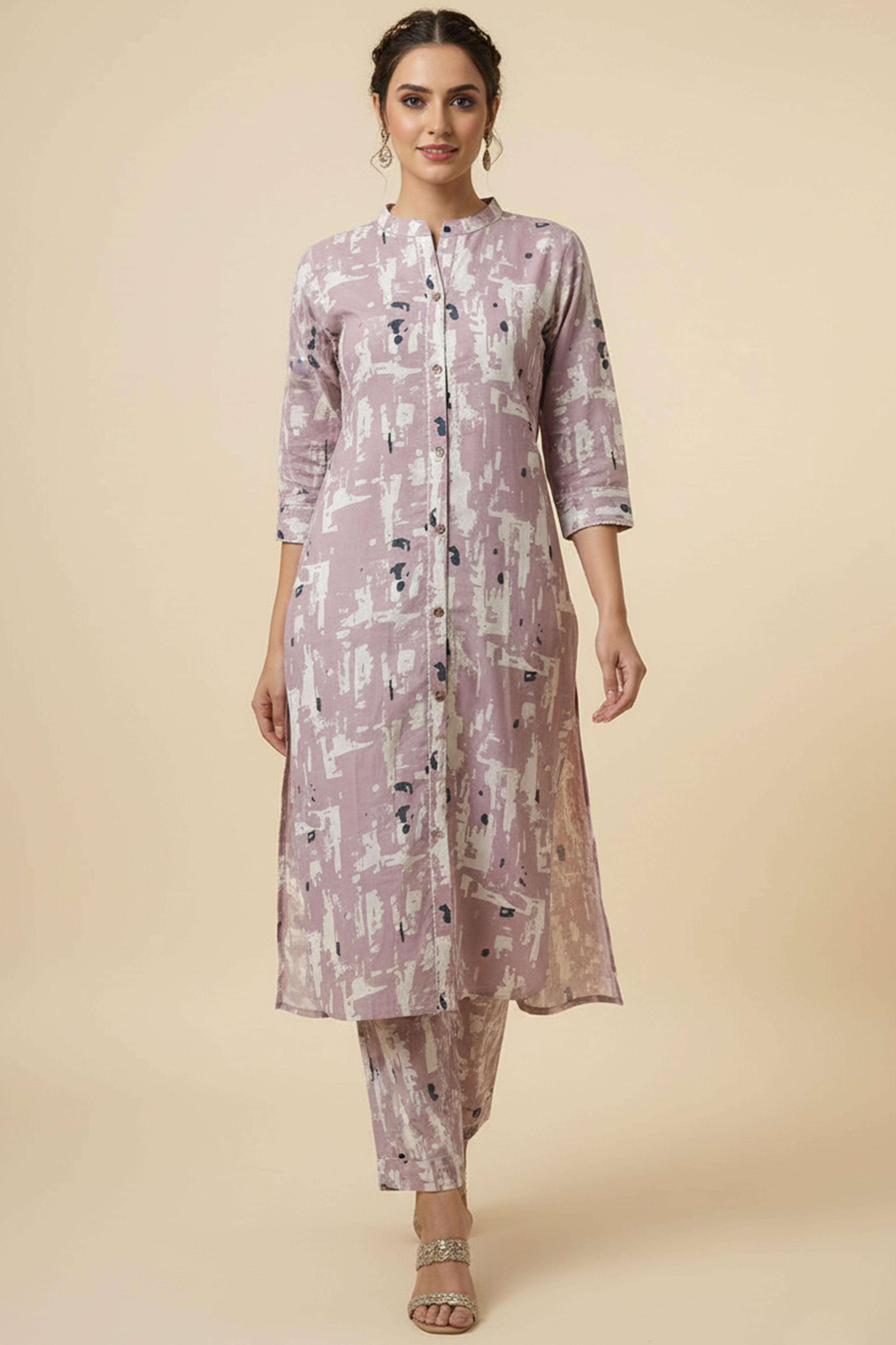 Baby Pink Abstract Printed Cotton Flex Straight Cut Two Piece Set Perfect for Smart Casual Looks