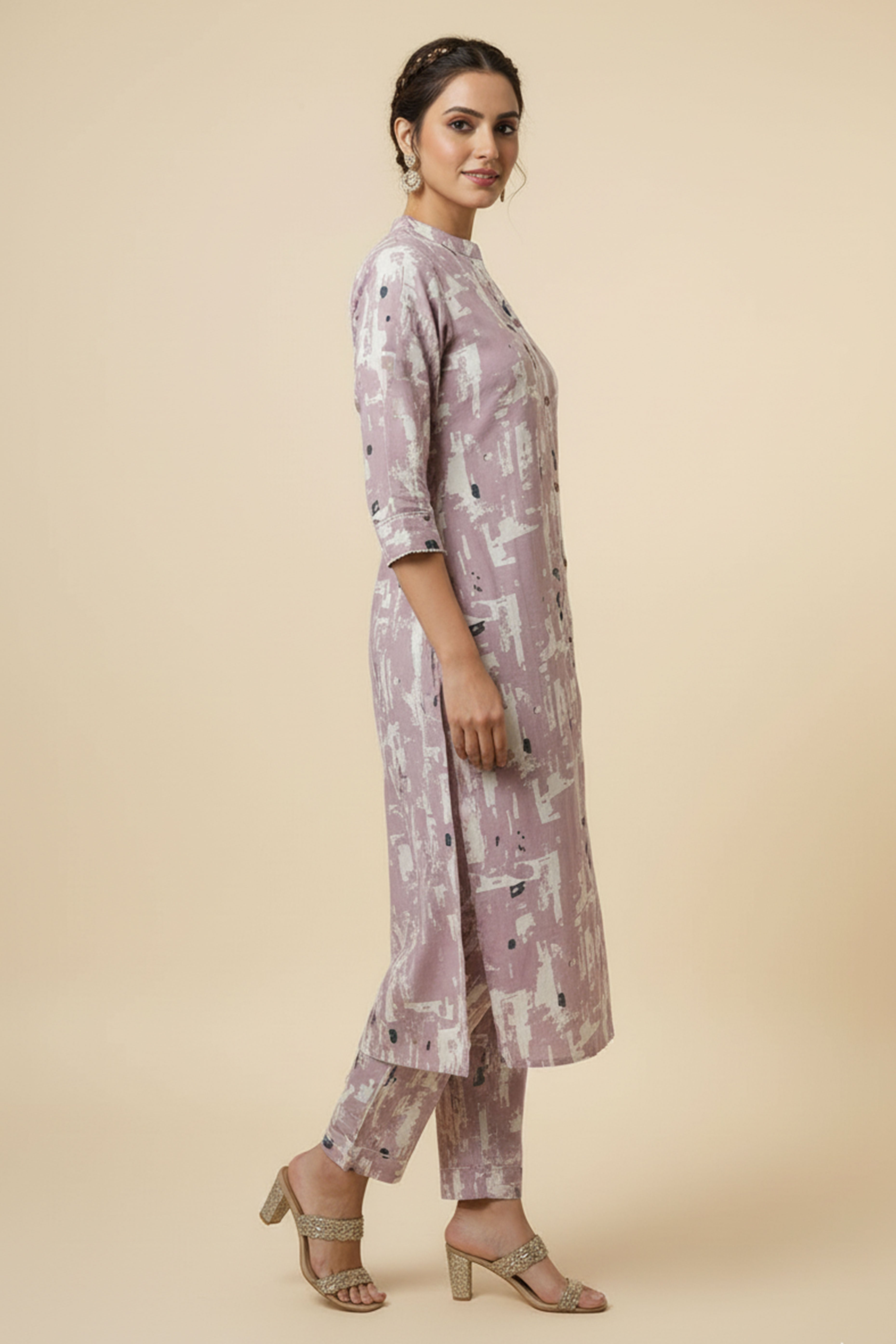 Baby Pink Abstract Printed Cotton Flex Straight Cut Two Piece Set Perfect for Smart Casual Looks