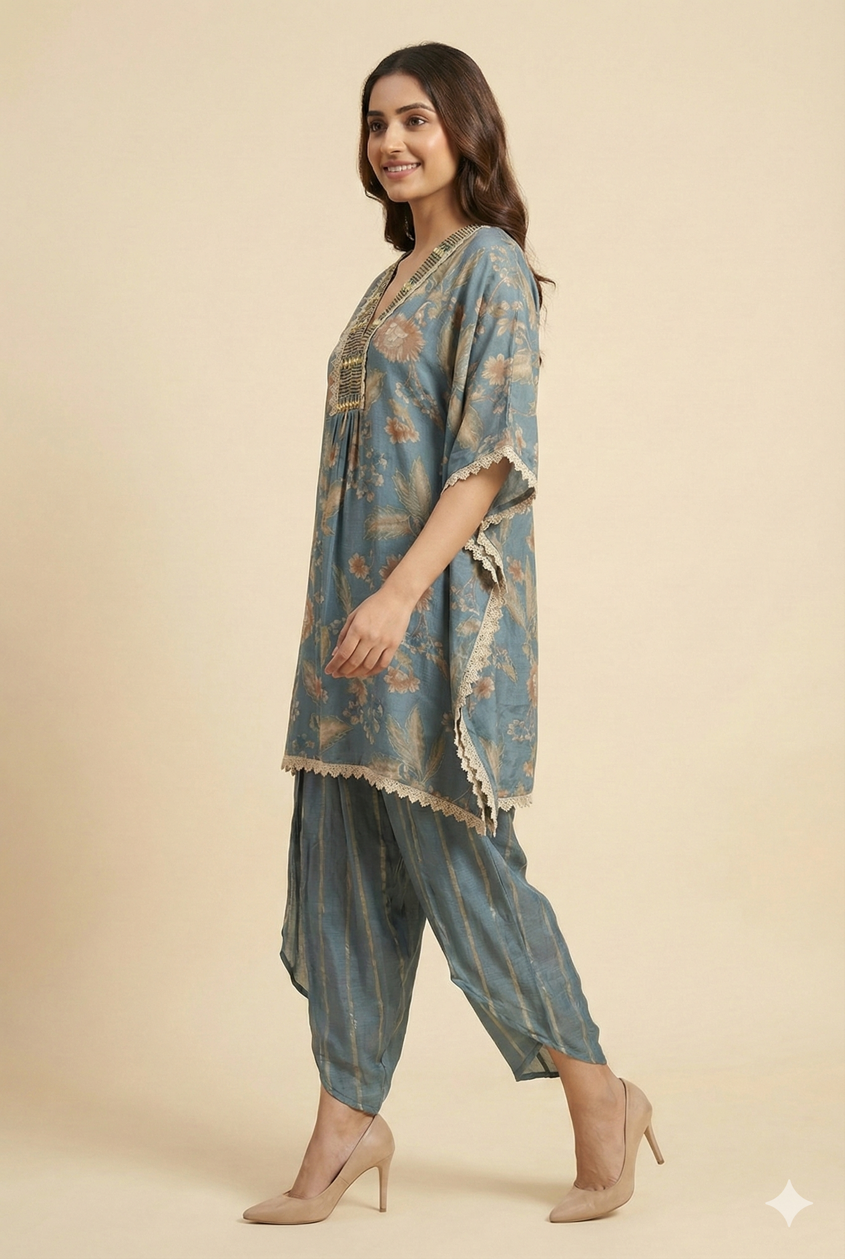 Blue Floral Printed Muslin Kaftan Top Bottom Set Ideal for Festive