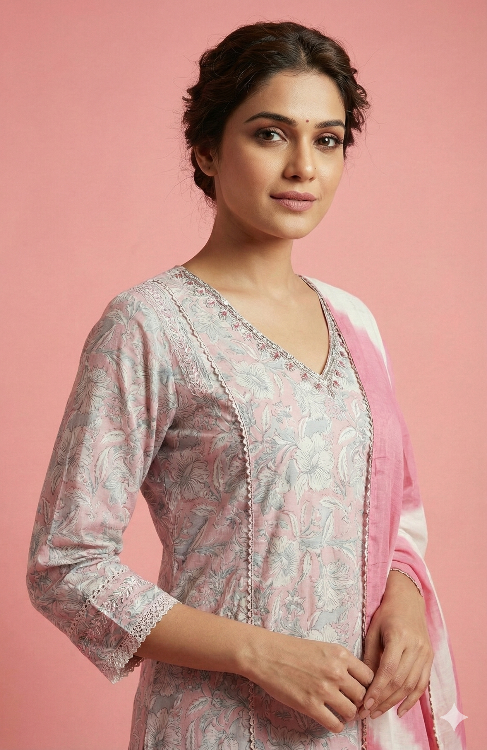 Light Pink Pure Cotton Straight Cut Salwar Suit Featuring Floral Prints and Handwork