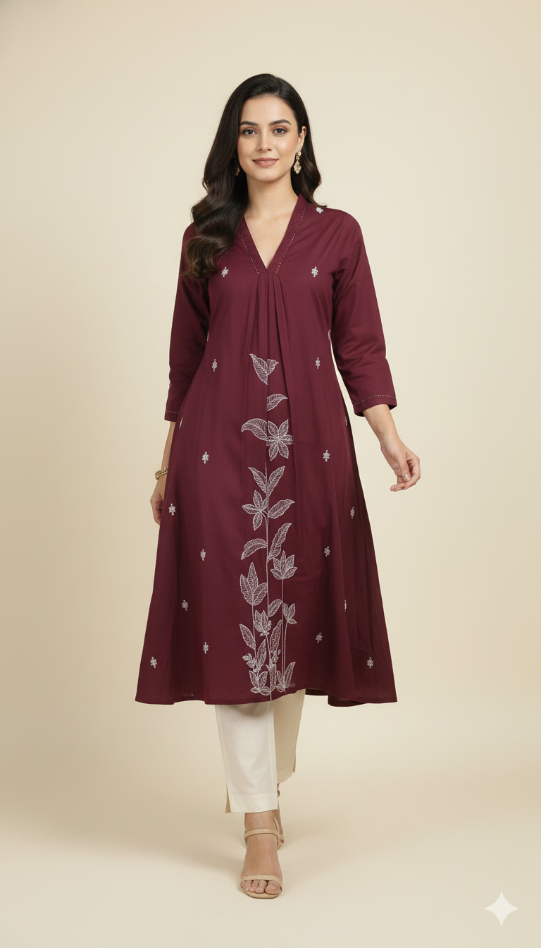 Maroon Comfortable Pure Cotton A-Line Kurti Accented with Artistic Floral Embroidered Patterns