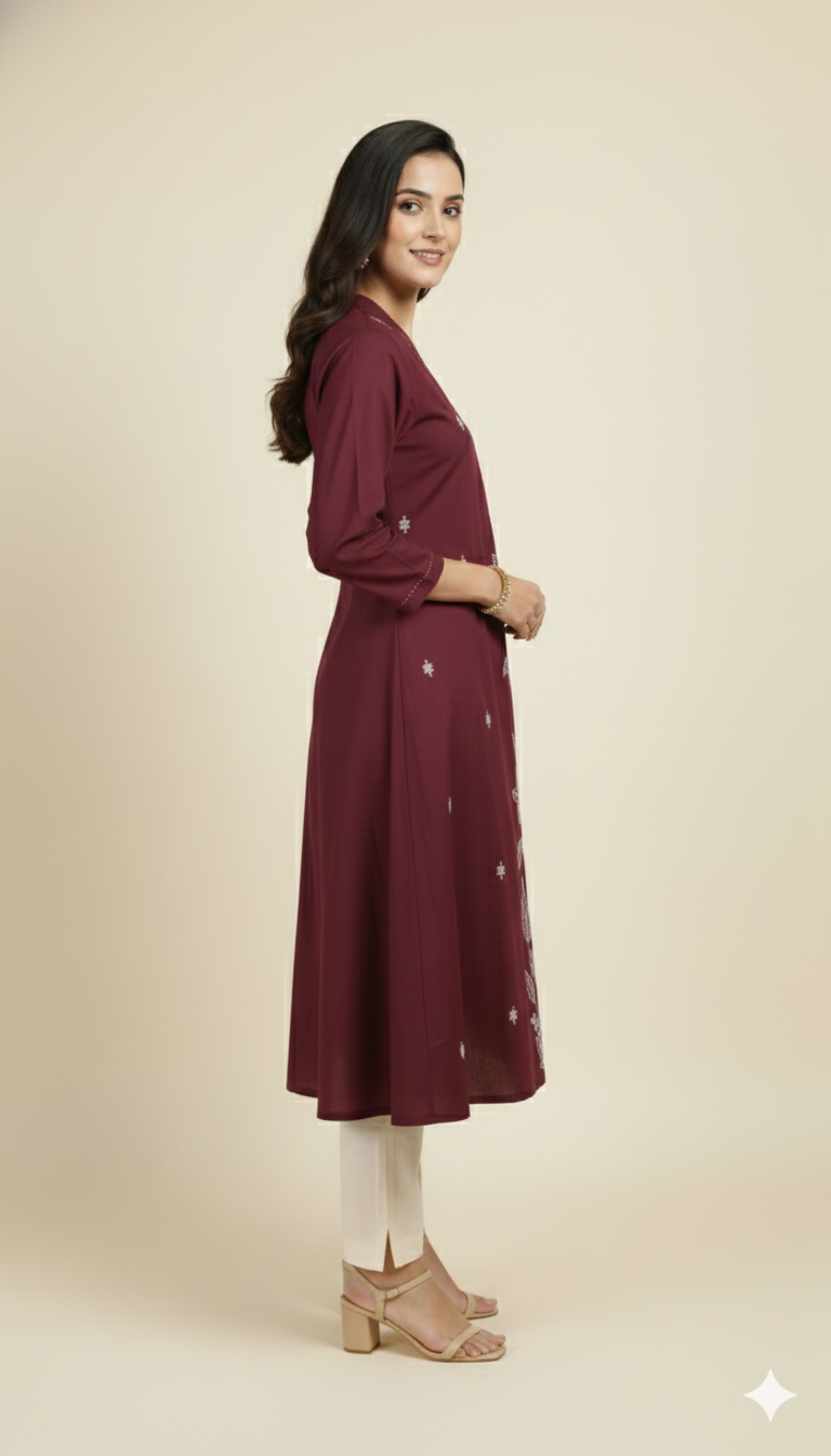 Maroon Comfortable Pure Cotton A-Line Kurti Accented with Artistic Floral Embroidered Patterns